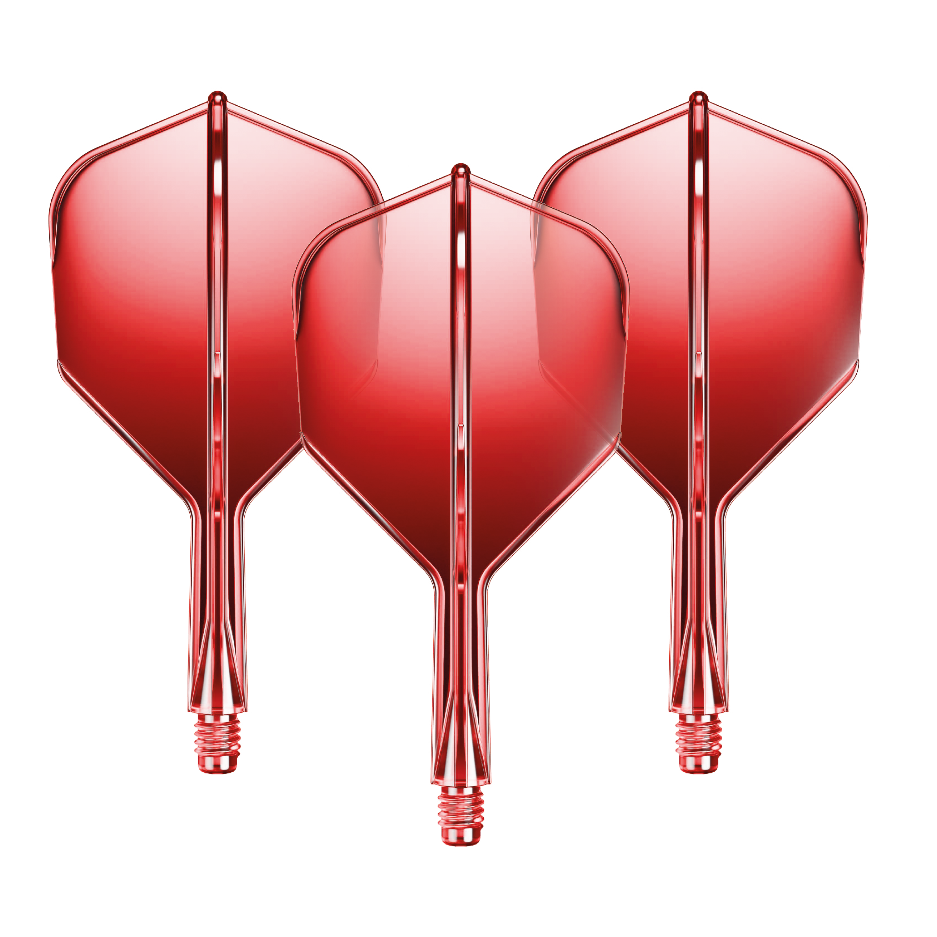Sistema di alberi di volo GOAT A1R No6 - Rosso Auf dem Bild sind drei rote Dart-Flights mit Shafts zu sehen. Sie sind gleichmäßig nebeneinander angeordnet und glänzen leicht.