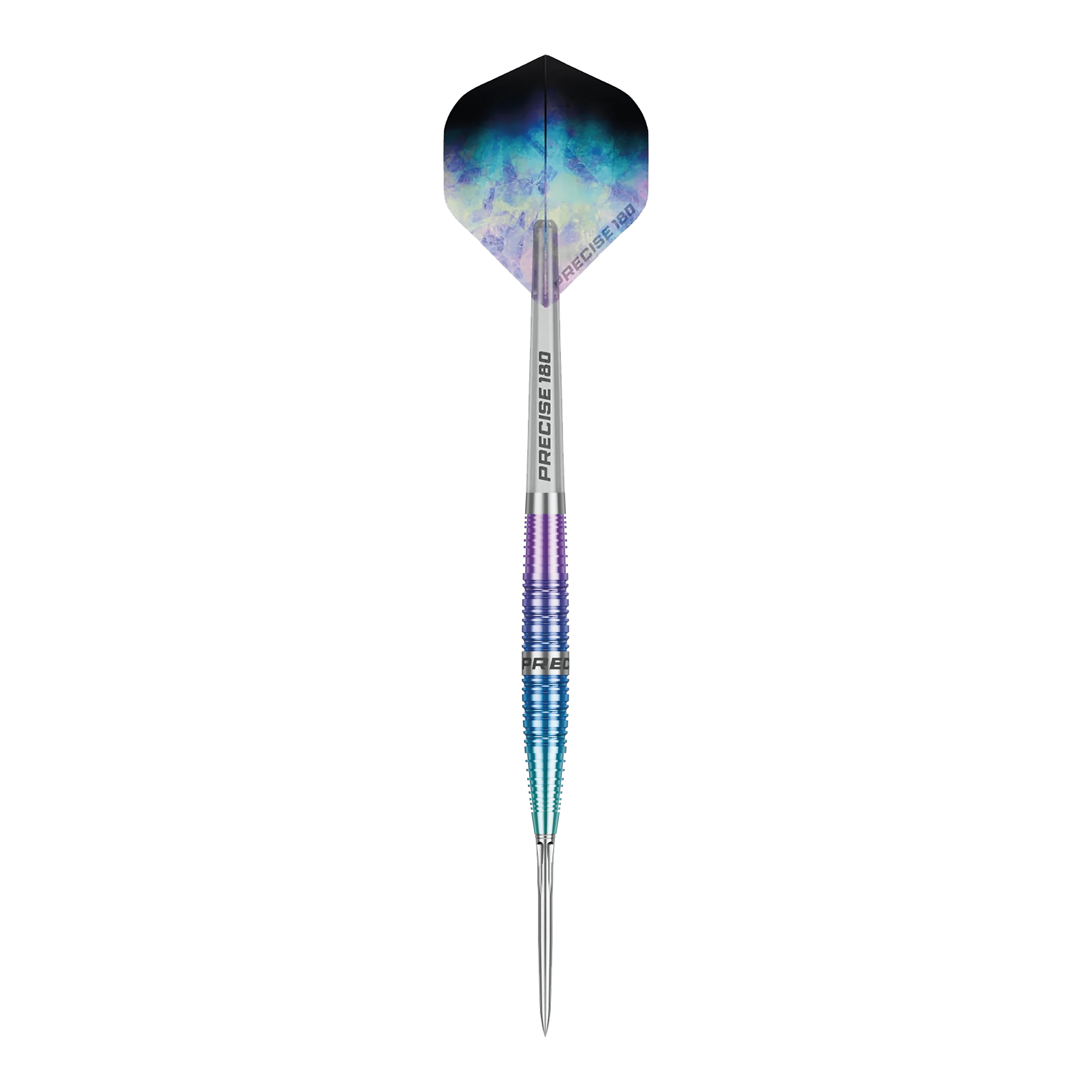 Freccette in acciaio Precise 180 Northern Lights Abgebildet ist ein einzelner Precise 180 Northern Lights Steeldart. Der Dartpfeil hebt sich klar vom Hintergrund ab.