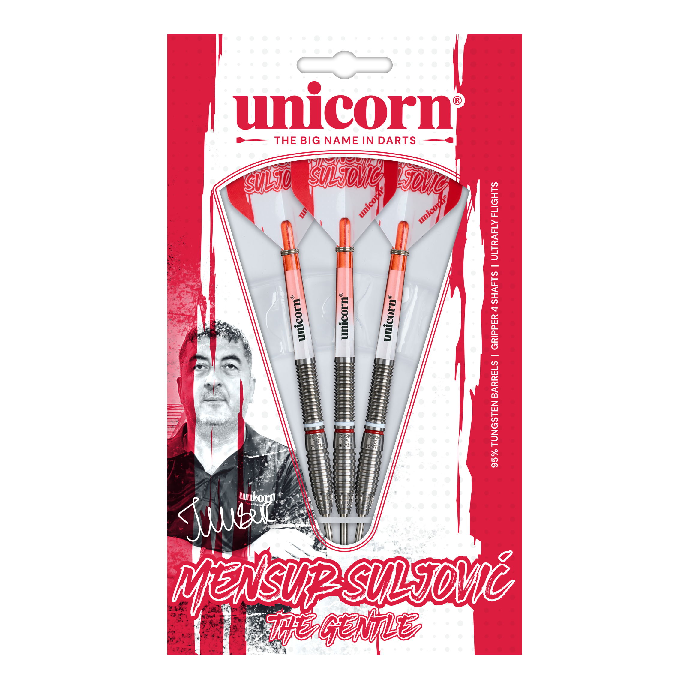 Unicorn Scale Suljovic The Gentle Steeldarts - 23 g Abgebildet ist das Unicorn Mensur Suljovic The Gentle Steeldarts-Set mit 23g Gewicht. Diese Darts sind für alle gedacht, die Mensur Suljovic schätzen.