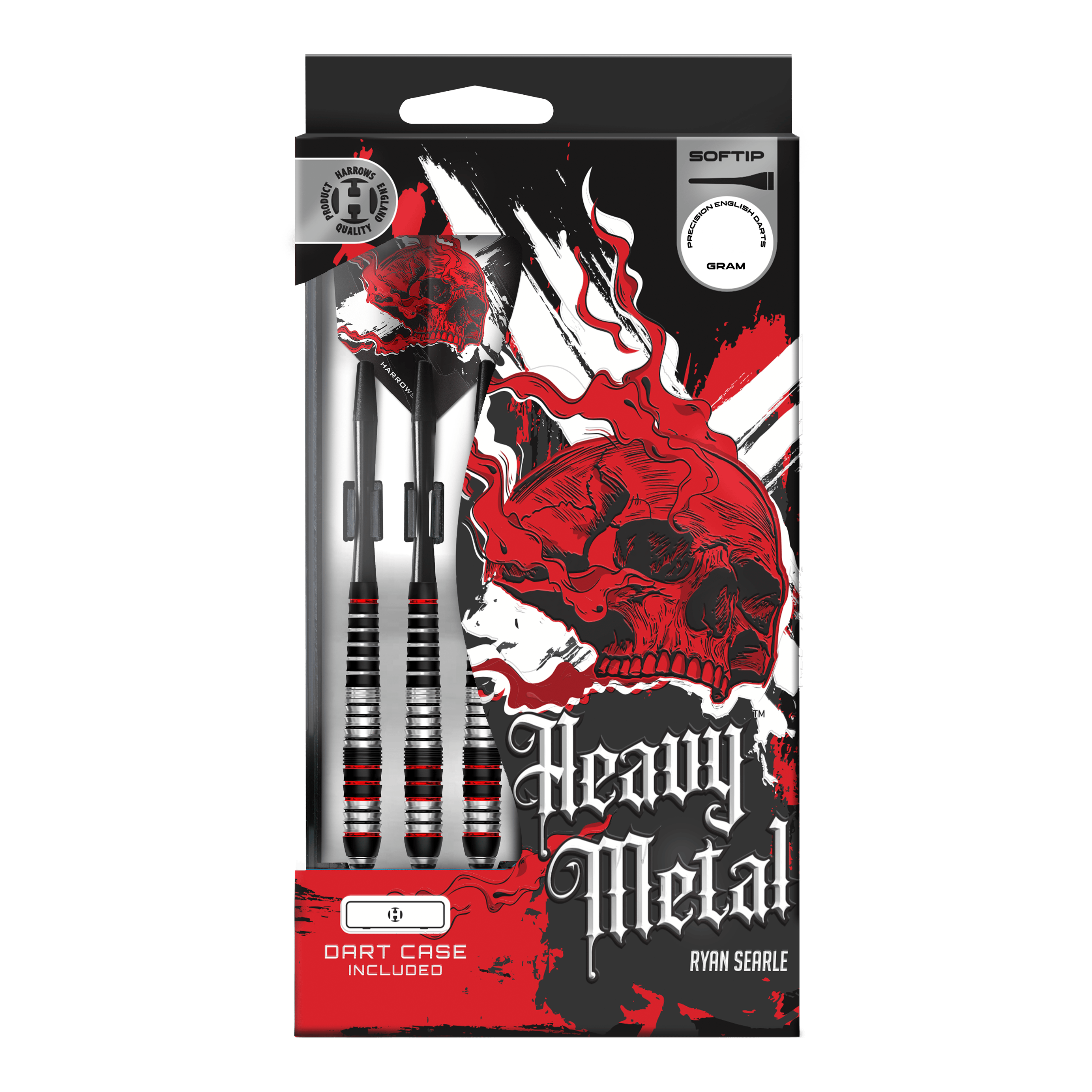 Das Bild zeigt Harrows Heavy Metal Ryan Searle Brass Softdarts. Die Darts werden aus Messing gefertigt und sind auf einer hellen Fläche angeordnet.