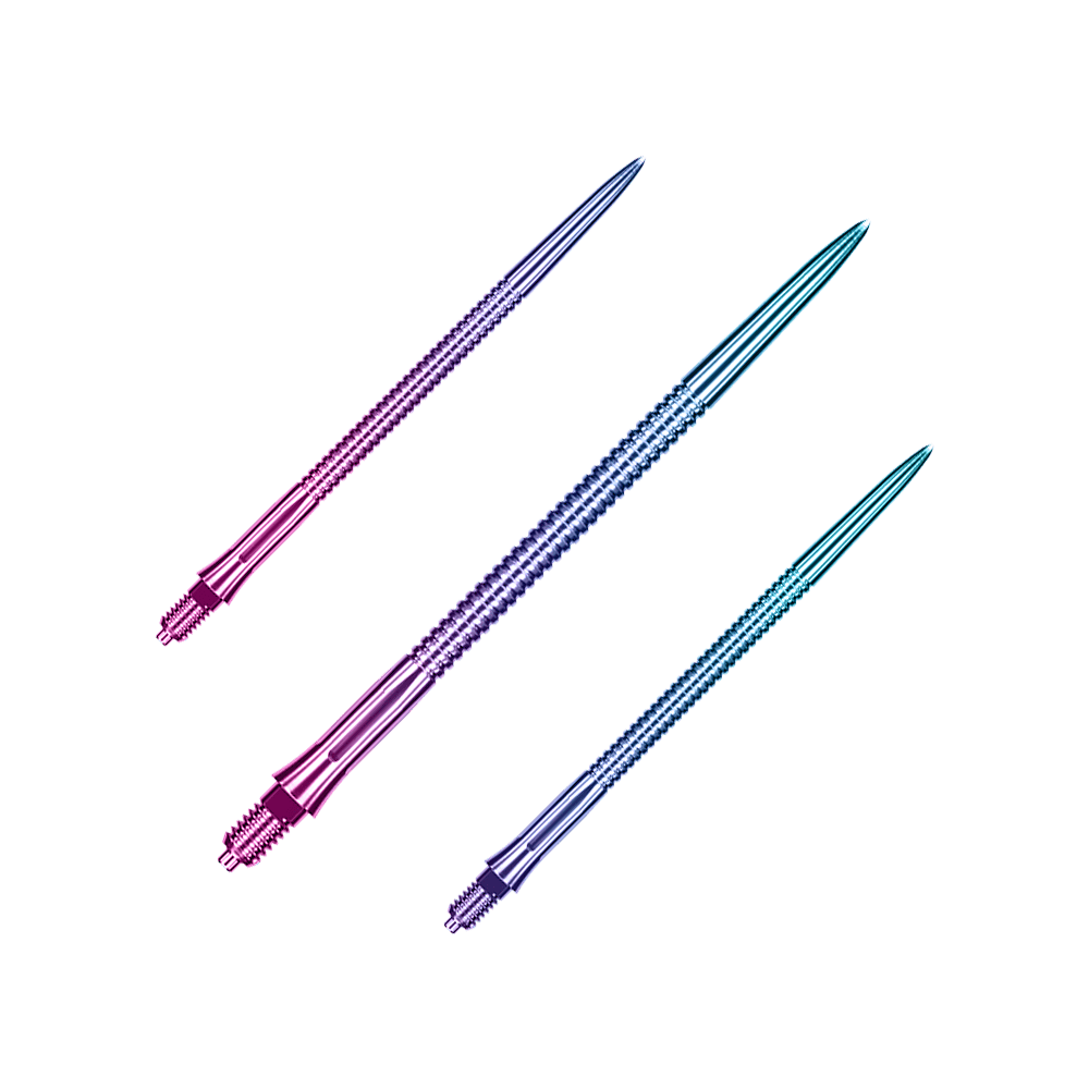 Punte per freccette Caliburn EZ-EVO - Scanalate - Arcobaleno Auf dem Bild sieht man ein Set Caliburn EZ-EVO Dartspitzen mit grooved Rainbow-Optik, 45 mm lang. Die Spitzen zeichnen sich durch ein buntes, geriffeltes Muster aus.