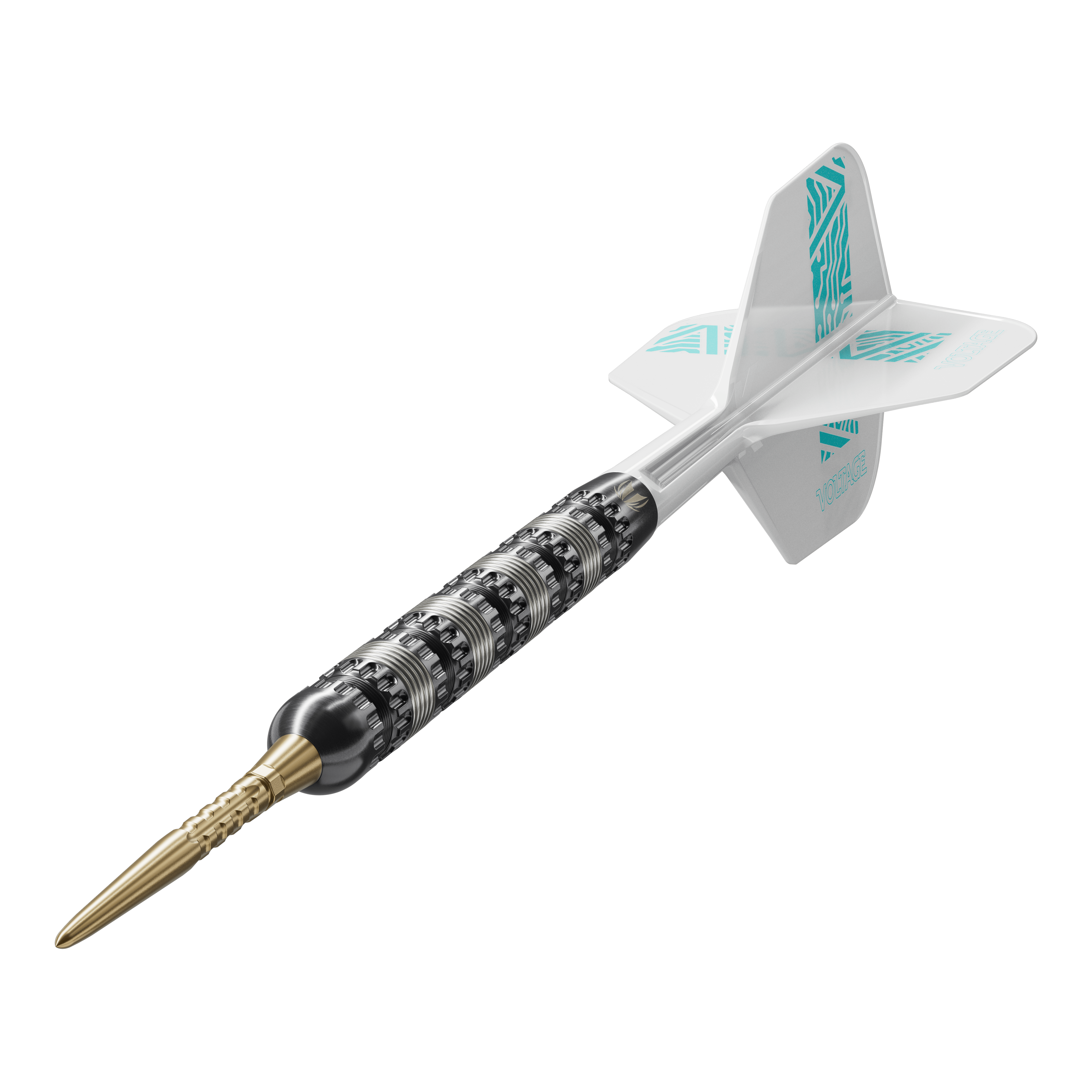 Freccette Target Rob Cross 95K Swiss Point Steel Das Bild zeigt einen Target Rob Cross 95K Swiss Point Steeldart. Der Dart hat eine schwarze Griffzone, eine goldene Spitze und weiße Flights mit türkisfarbenem Muster.