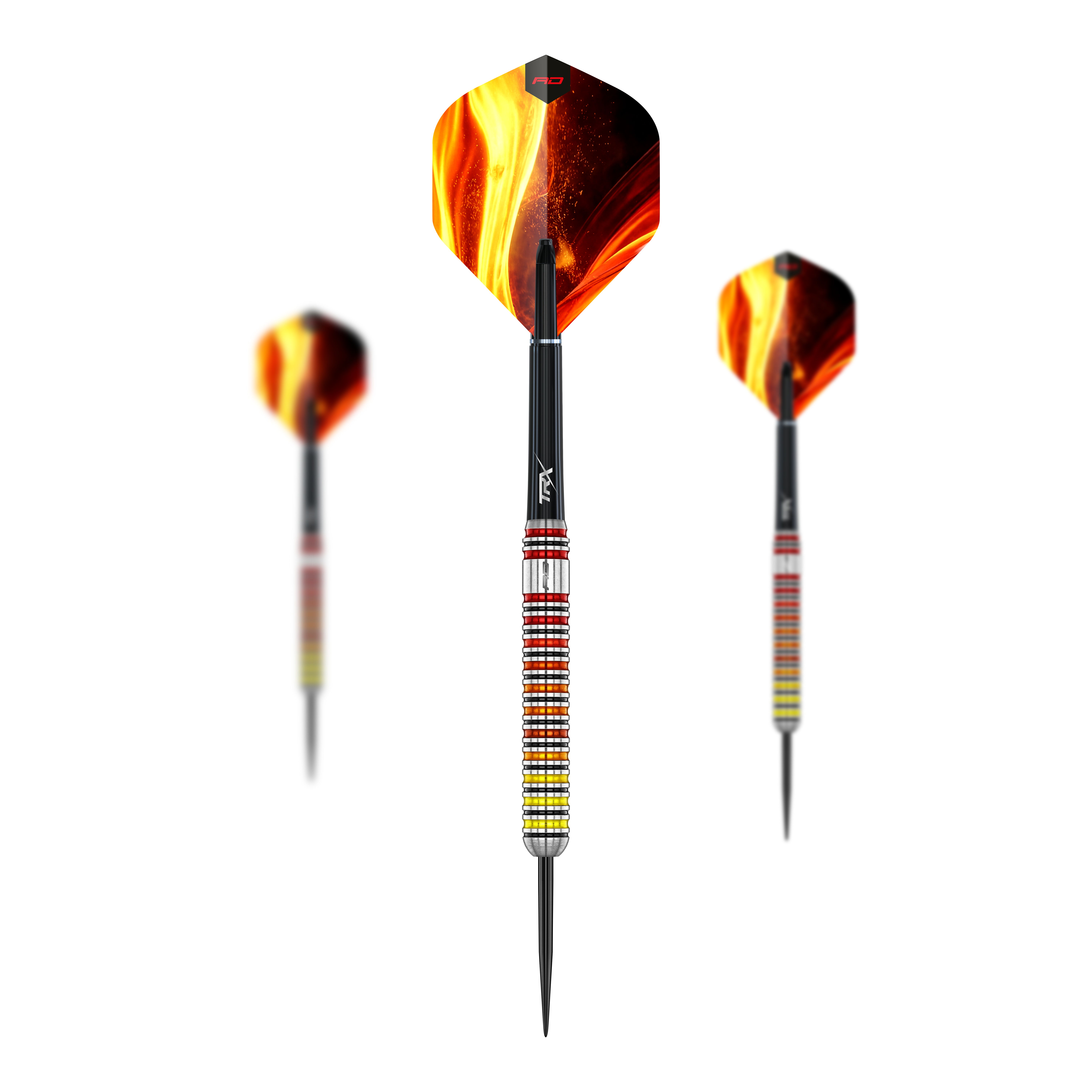 Dardi in acciaio della fornace del Red Dragon Hier sehen Sie das Set der Red Dragon Furnace Steeldarts. Die Darts sind in einer geordneten Anordnung dargestellt.