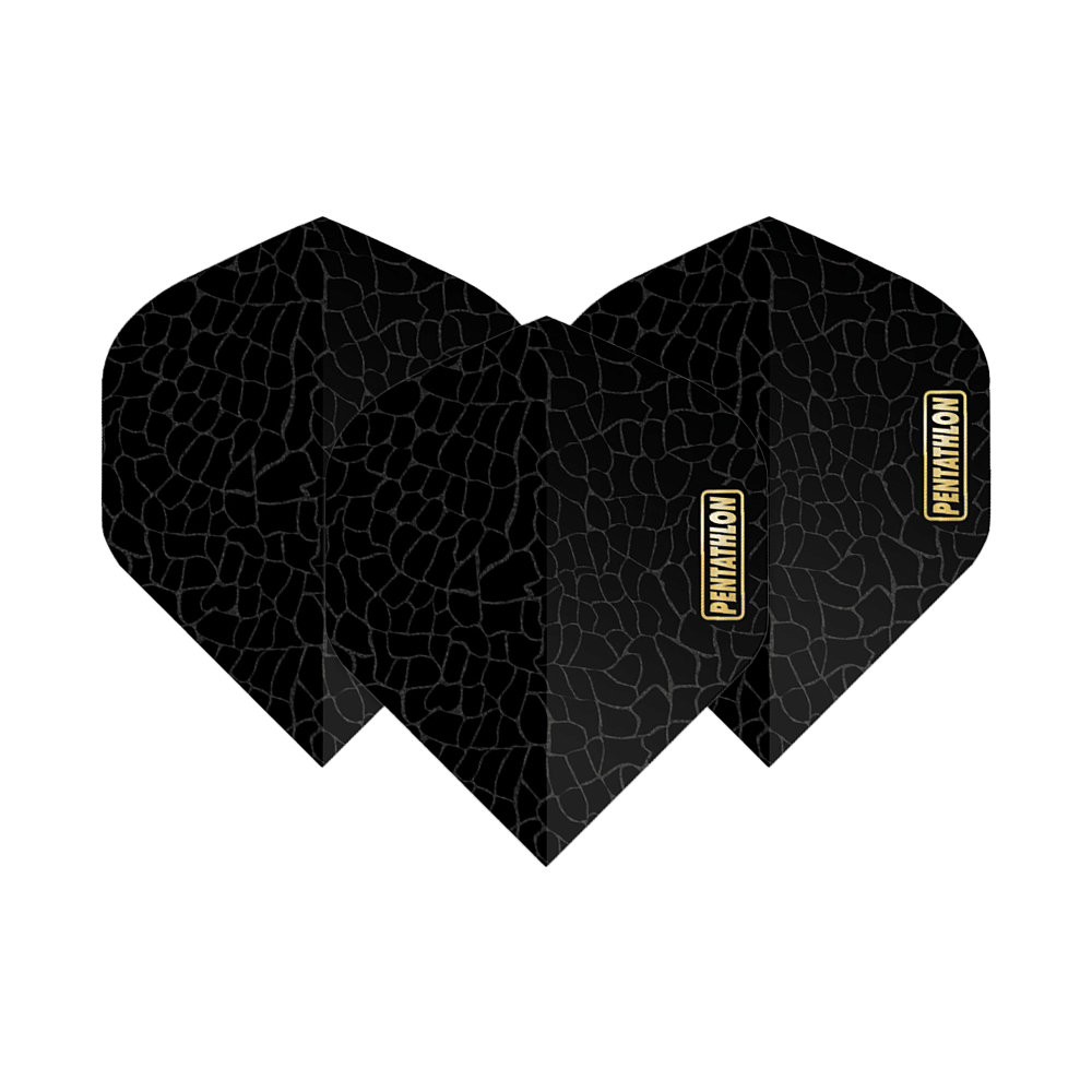 Scale RT per voli pentathlon Das Bild zeigt die "Pentathlon RT Scales No2 Standard Flights" für Darts. Die Flights sind schwarz mit einem dezenten Schuppenmuster und haben ein goldfarbenes Pentathlon-Logo.