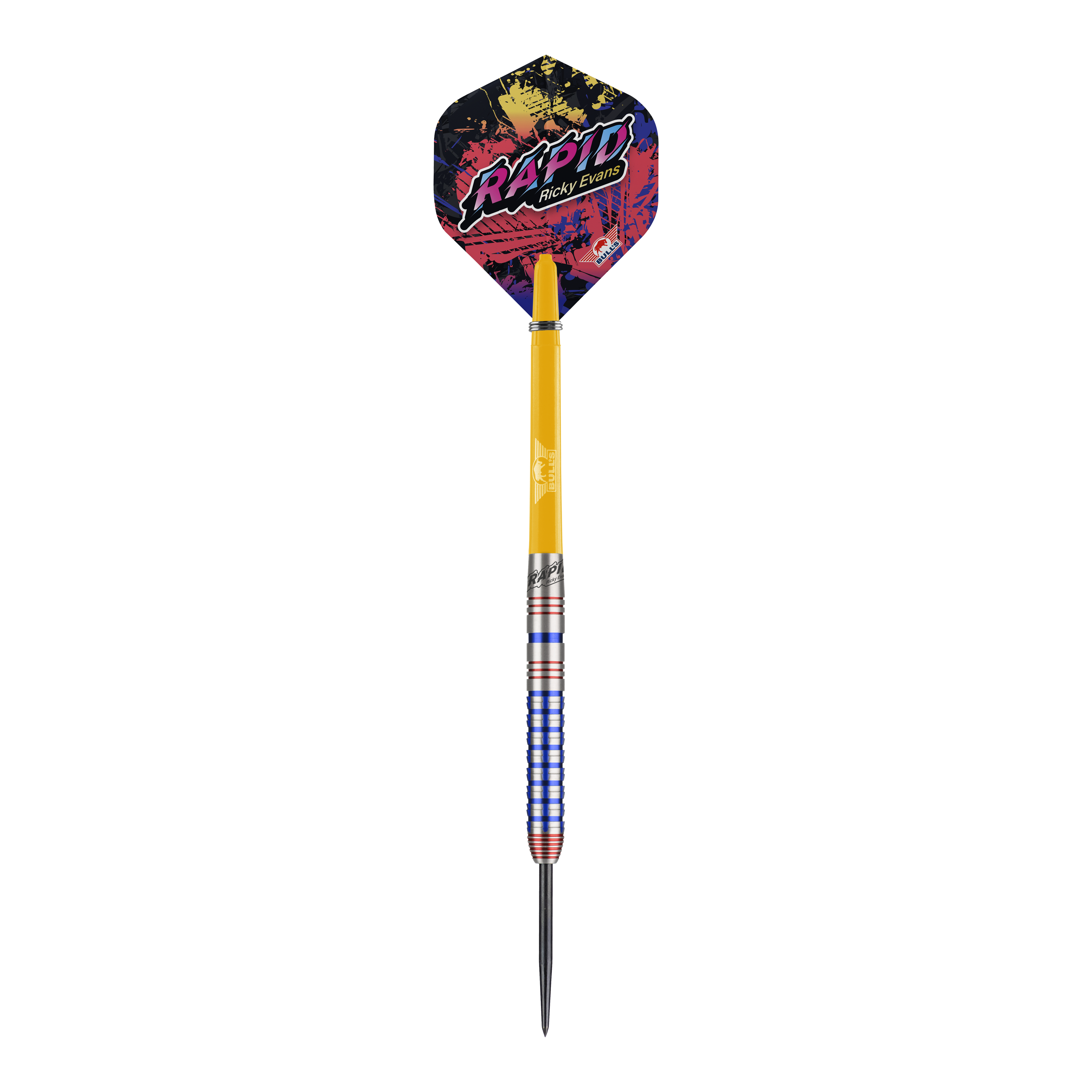 Bulls NL Ricky Evans Rapid Edition Uno Steeldarts Auf dem Bild ist ein Steeldart der Marke Bulls NL, Modell "Ricky Evans Rapid Edition One", zu sehen. Der Dart hat bunte Flights mit dem Schriftzug "RAPID Ricky Evans" und ein auffälliges Griffdesign in Silber, Blau und Rot.
