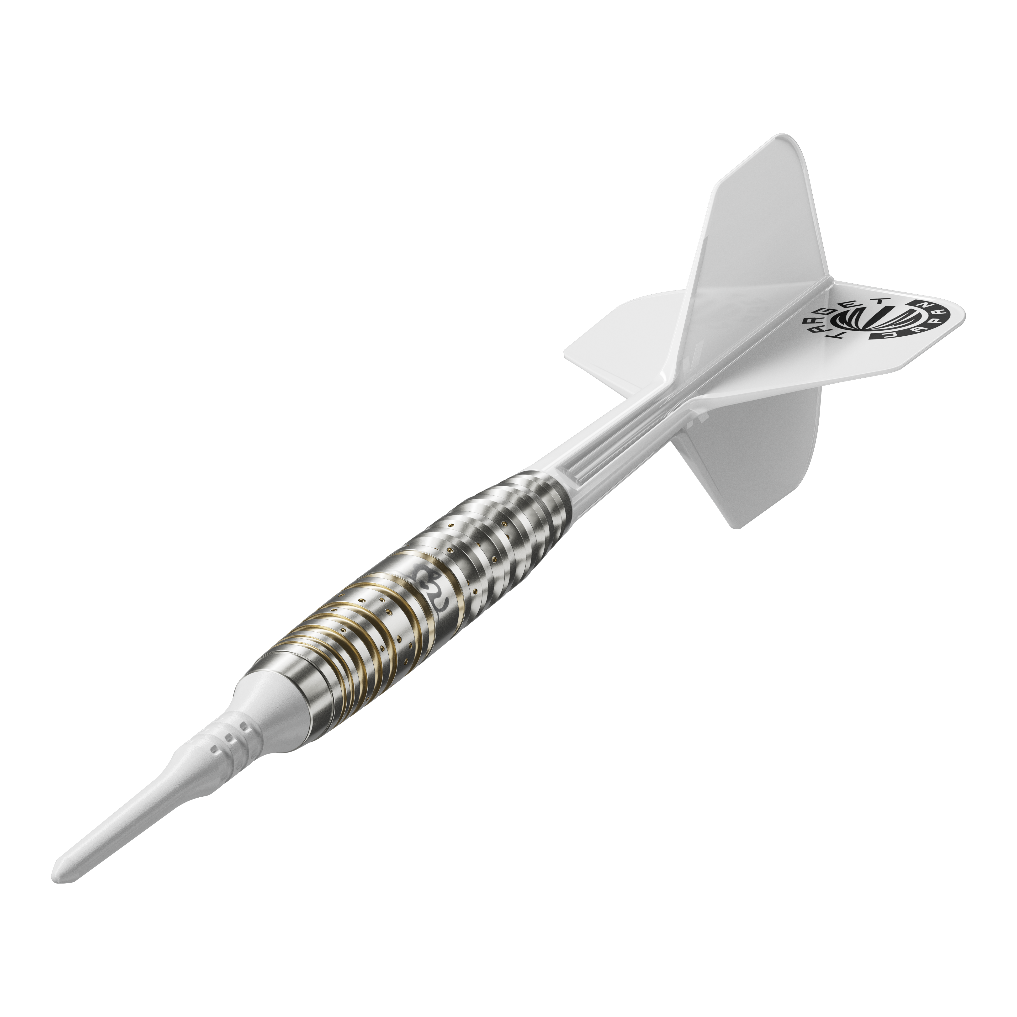 Target Japan Prime Series Mayujo Morita GEN6 Freccette morbide - 18 g Das Bild zeigt einen Softdartpfeil aus der Target Japan Prime Series Mayujo Morita GEN6 mit einem Gewicht von 18g. Der Pfeil hat ein weißes Flight und ein silberfarbenes Barrel mit goldenen Akzenten.