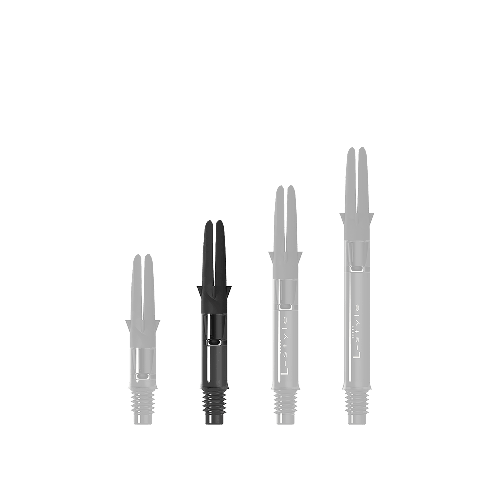 L-L-Style-Shaft Carbon Silent Straight - Nero Das Bild zeigt drei schwarze Dartshafts in unterschiedlicher Länge. Sie sind aus Carbon gefertigt und tragen die Aufschrift "L-Style".
