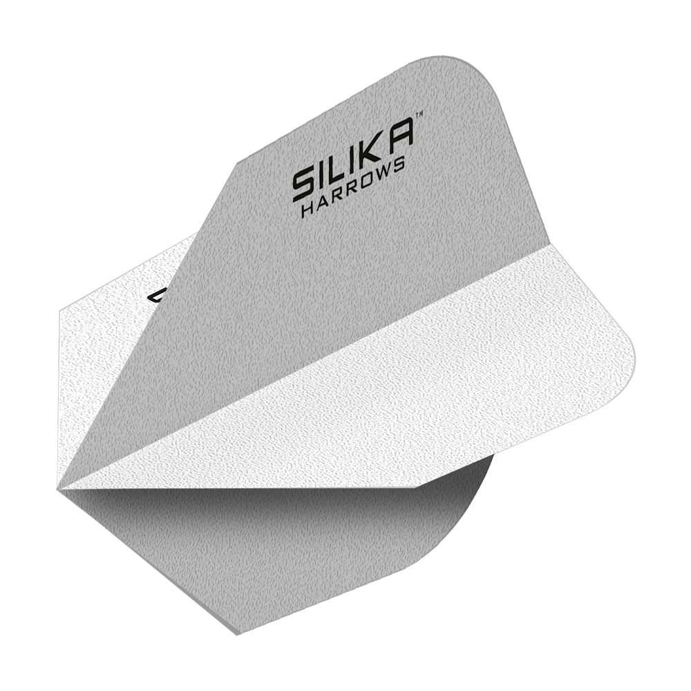 Harrows Silice solida, rivestimento cristallino resistente, alette bianche No6 Das Bild zeigt ein weißes Dart-Flight mit der Aufschrift "Silika Harrows". Das Flight hat eine solide, strukturierte Oberfläche und ist speziell für hohe Haltbarkeit entwickelt.