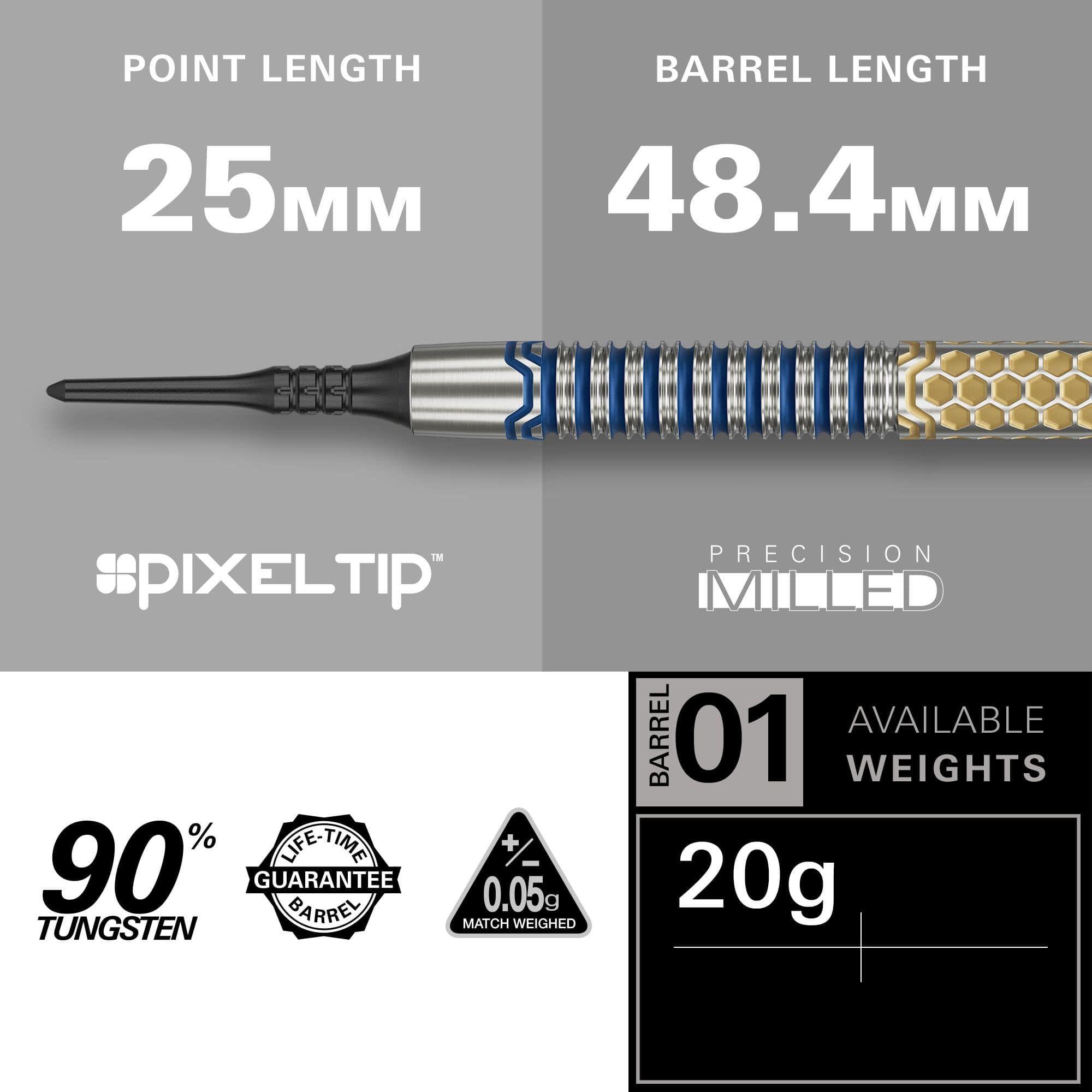 Freccette morbide Target Josh Rock GEN1 - 20 g Das Bild zeigt den Softdart "Target Josh Rock GEN1" mit einem Gewicht von 20g. Der Dart hat eine Spitzenlänge von 25 mm, eine Barrel-Länge von 48,4 mm und besteht zu 90% aus Tungsten.