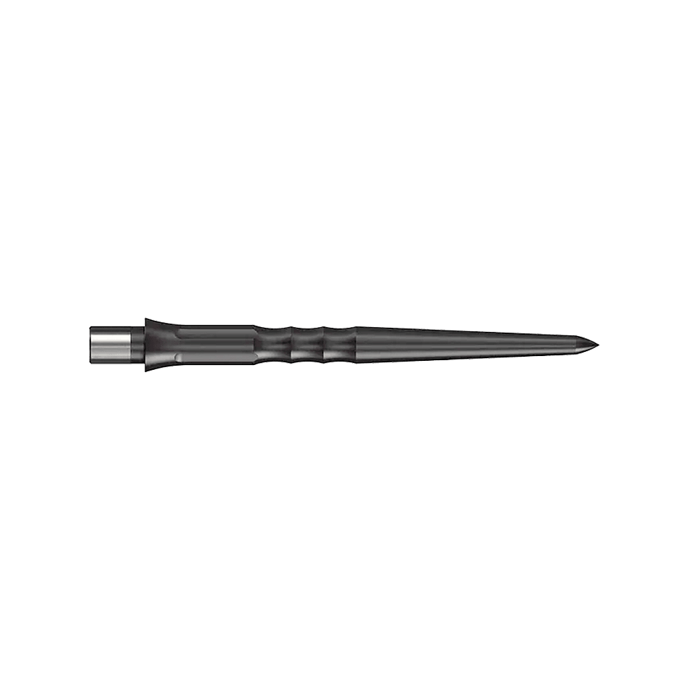 Das Bild zeigt eine schwarze Steeldartspitze mit Riffelung. Die Spitze ist 28 mm lang und hat kein Lip-Ende.