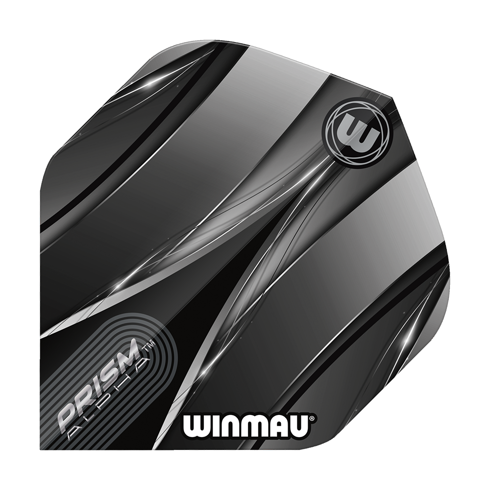 Voli standard Winmau Alpha Sniper neri Das Bild zeigt einen Winmau Alpha Sniper Black Standard Flight für Darts. Das Design ist überwiegend schwarz und silber mit stilisierten Linien und dem Winmau-Logo.