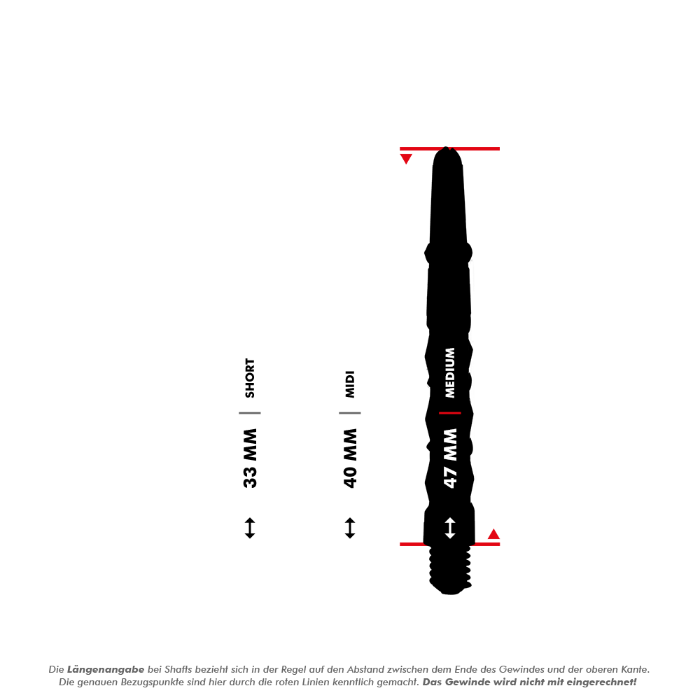 Harrows_Carbon_ST_Shafts_5_47mmlRsG9wGVcOoBj Das Bild zeigt die Harrows Carbon ST Shafts in der Farbe Gelb. Es werden die verschiedenen Längen der Shafts (Short, Midi, Medium) mit den Maßen 33 mm, 40 mm und 47 mm dargestellt.