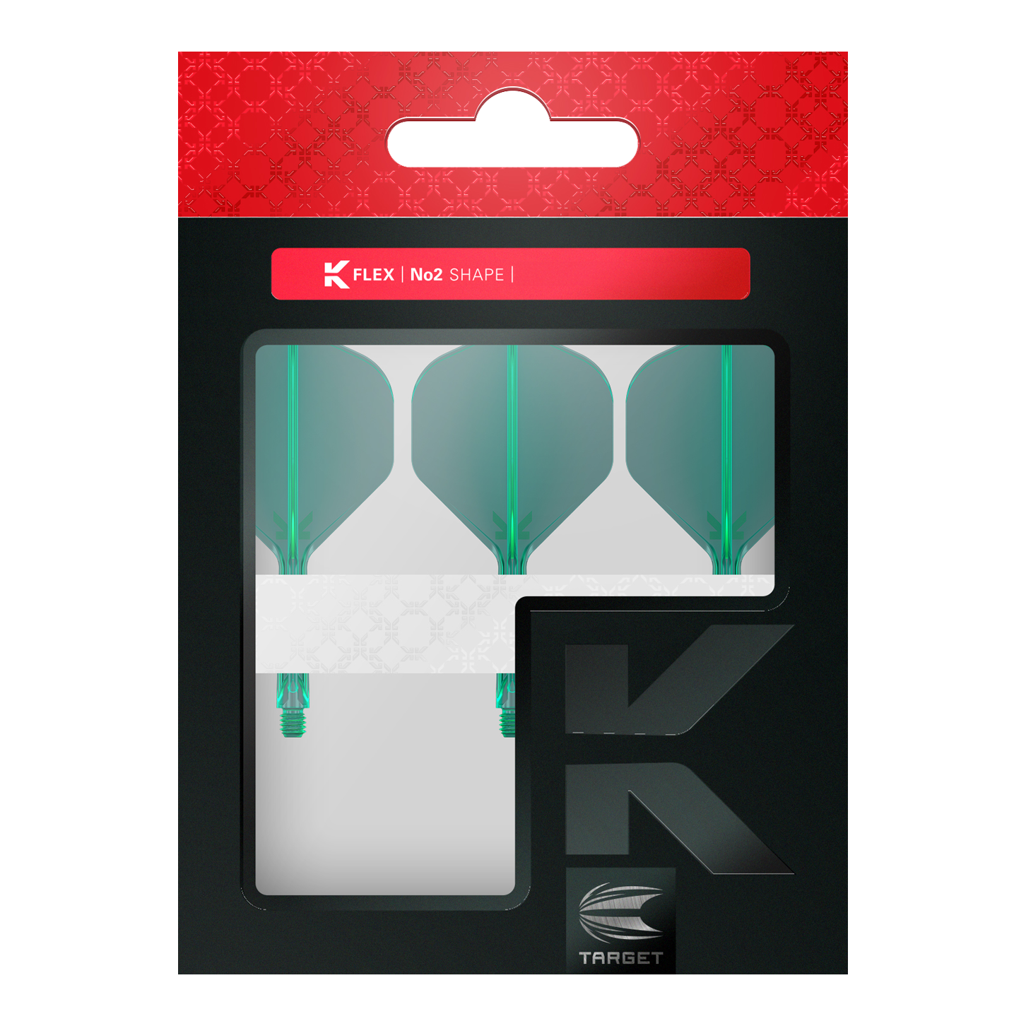 Target K-Flex No2 Standard Flight System - Verde Dart-Flights mit gleichmäßiger Flächenstruktur und definierter Form sind abgebildet. Die Produkte liegen sortiert neben- und übereinander.