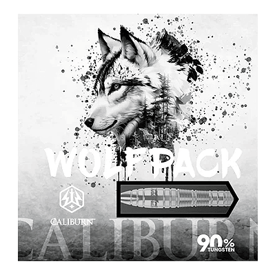 Das Bild zeigt die Verpackung der Caliburn Wolfpack W2 Steeldarts – 22g mit einer stilisierten Zeichnung eines Wolfes. Auf der Verpackung steht außerdem "90% Tungsten".