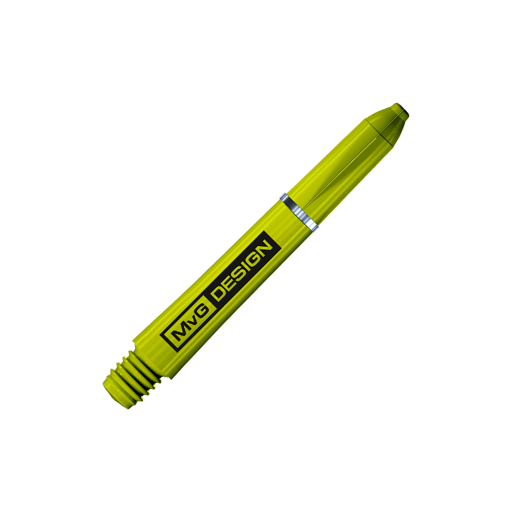 7100_Winmau_Nylon_Ring_Grip_MvG_Design_Shafts_35mm_2 Das Bild zeigt einen gelben Dartshaft mit der Aufschrift "MvG DESIGN". Es handelt sich um das Produkt "Winmau Nylon Ring Grip MvG Design Shafts".
