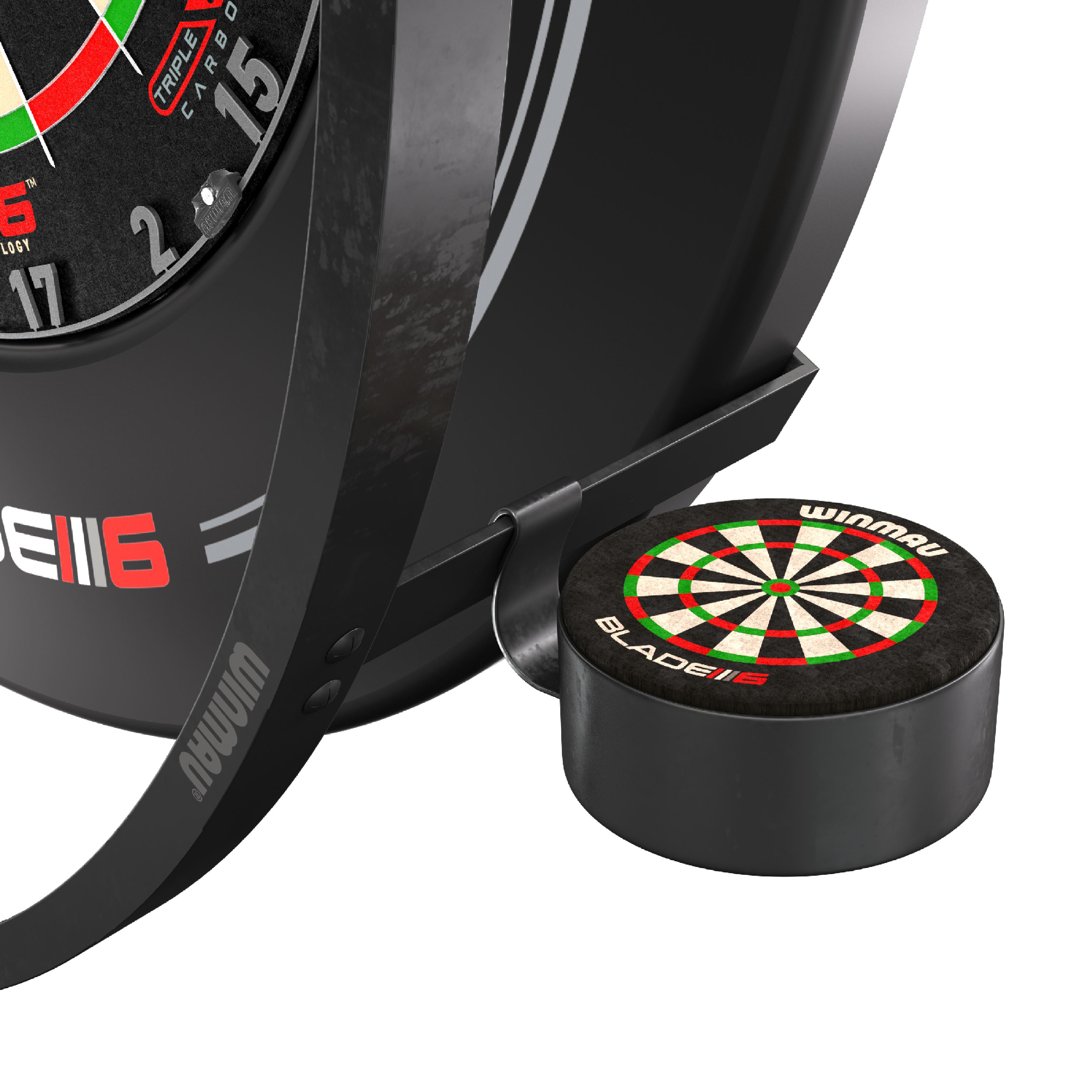 Set di accessori al plasma Winmau Das Bild zeigt das Winmau Plasma Zubehör Set für Dartscheiben. Zu sehen sind Teile des Zubehörs sowie ein Element mit einem aufgedruckten Dartboard-Design.
