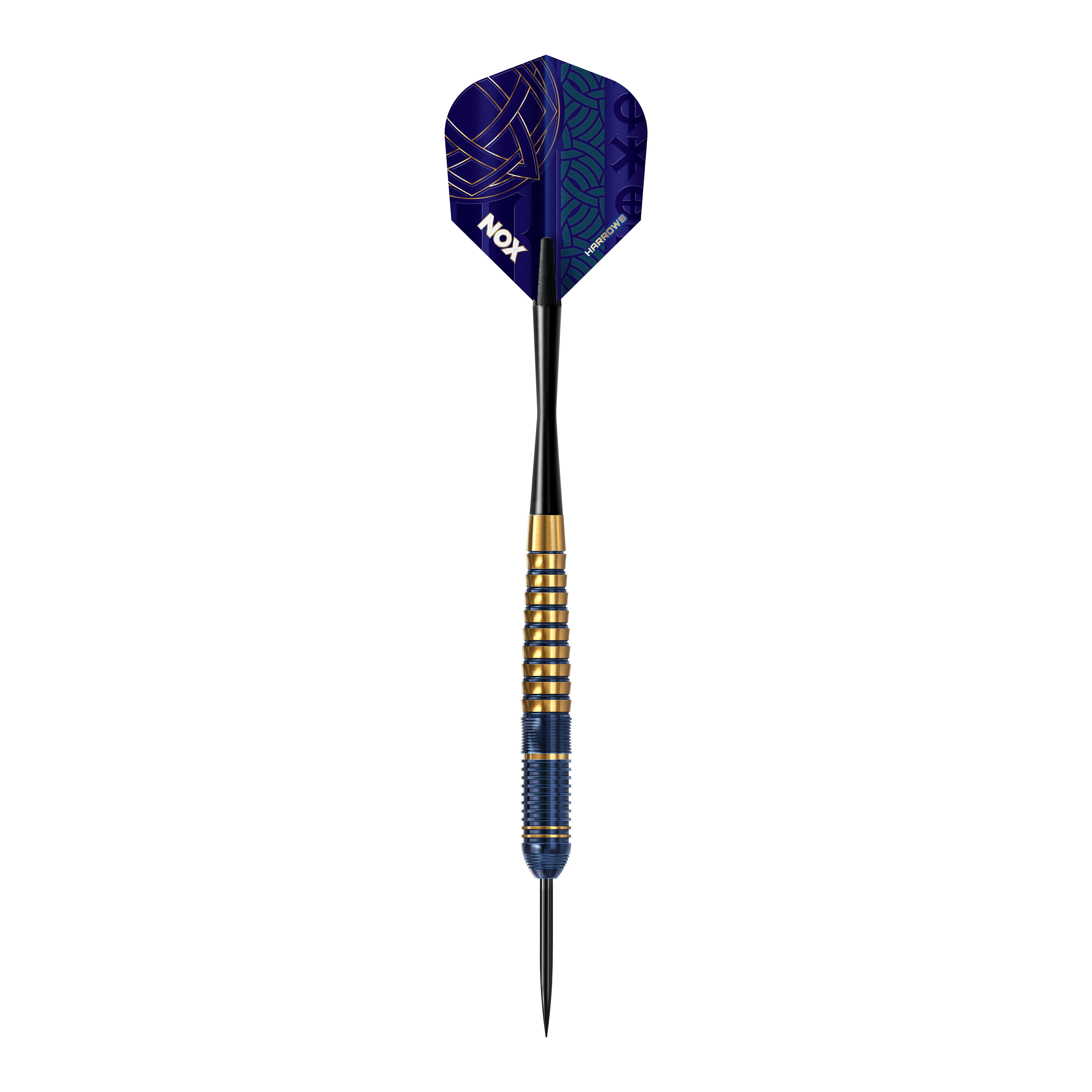 Das Bild präsentiert die Harrows Nox Premium Brass Steeldarts. Diese Pfeile sind ideal für Steeldart-Spieler und bieten eine gute Verarbeitung.