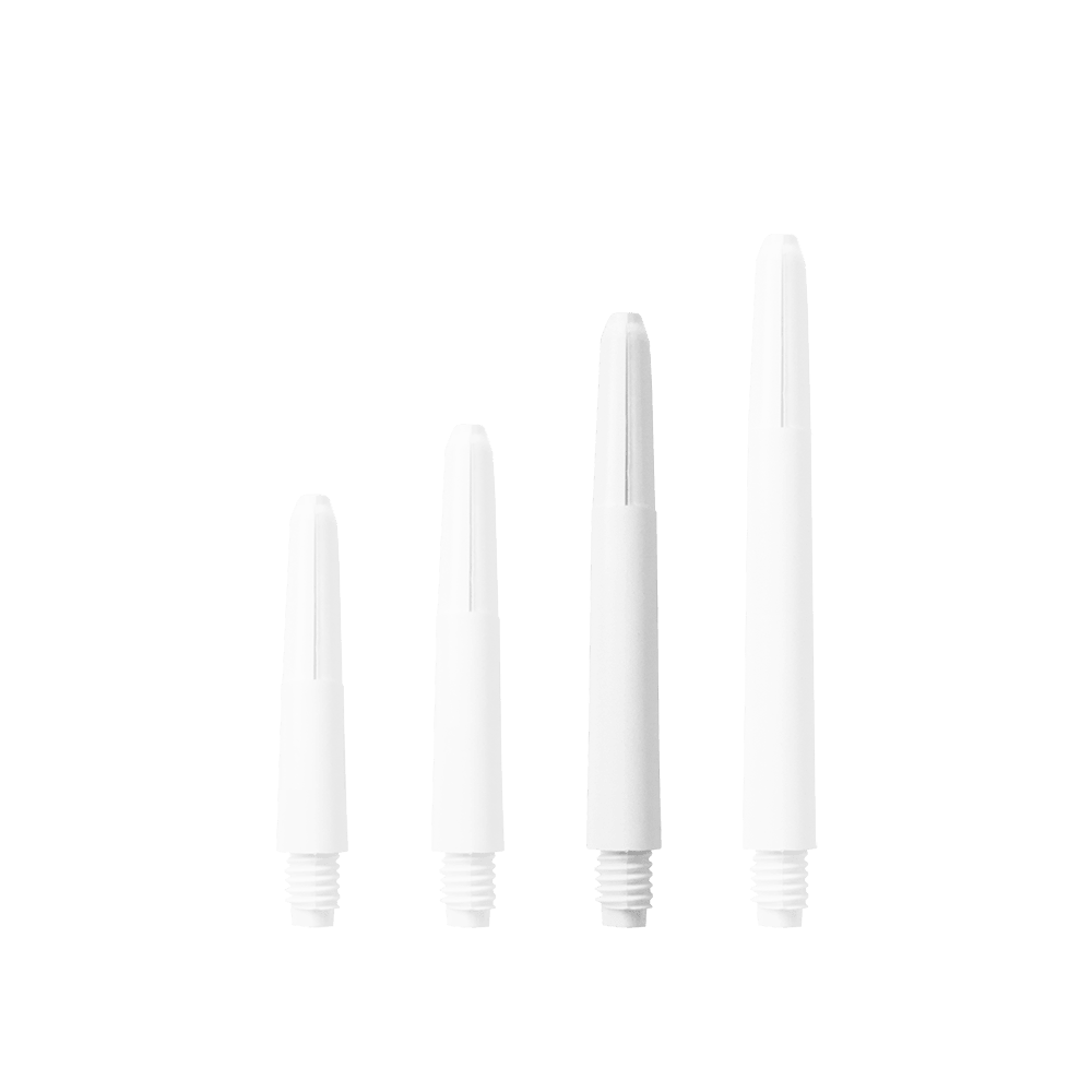 Das Bild zeigt vier Nylon Shafts in Schneeweiß, die nebeneinander angeordnet sind. Sie unterscheiden sich in ihrer Länge und haben ein Schraubgewinde am unteren Ende.
