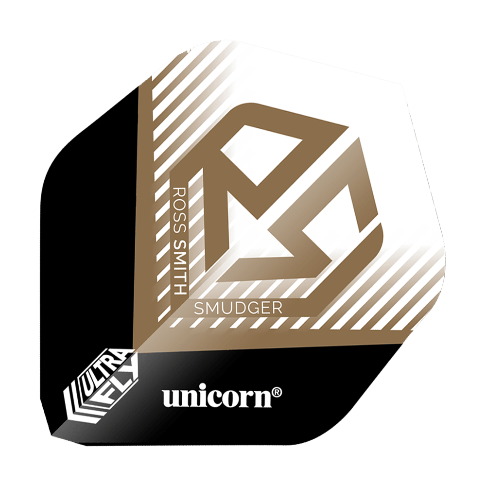 Alette Unicorn Ultrafly 100 Ross Smith Smudger AR1 Das Bild zeigt einen Dartflight mit der Aufschrift „ROSS SMITH SMUDGER“ und einem goldenen Logo auf weißem Hintergrund. Unten befinden sich die Markenbezeichnungen „ultrafly“ und „unicorn“.