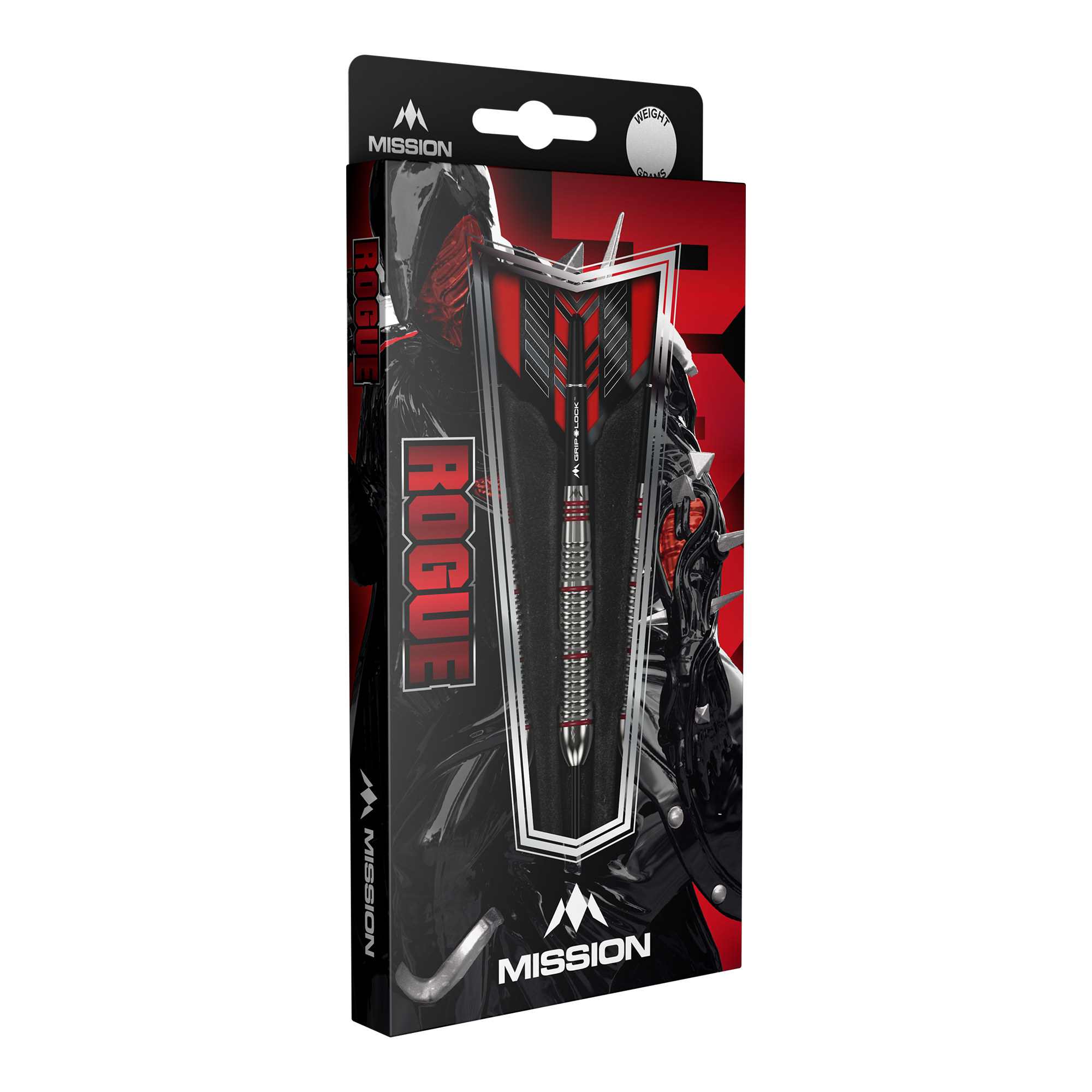 Freccette Mission Rogue in ottone e acciaio - 22 g Die Abbildung zeigt die Verpackung der "Mission Rogue Brass Steeldarts - 22g". Die Verpackung ist überwiegend schwarz und rot gestaltet und zeigt den Dartpfeil sowie das Rogue-Logo deutlich.