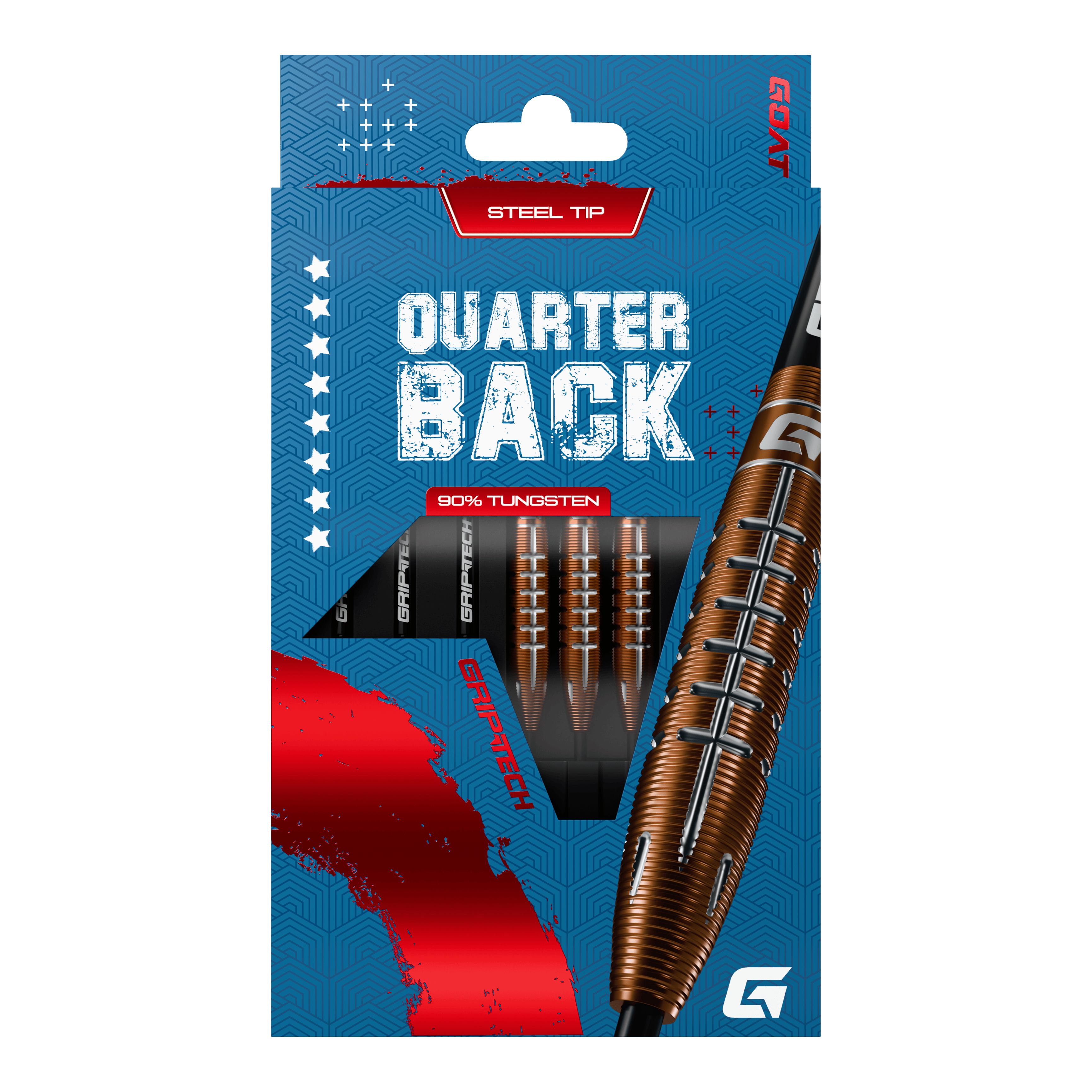 Freccette in acciaio al tungsteno GOAT Quarterback V2 - 24 g Die Verpackung zeigt die "GOAT Quarterback V2 Tungsten Steeldarts - 24g" mit Stahlspitze. Die Darts bestehen zu 90% aus Tungsten und haben ein modernes Design.