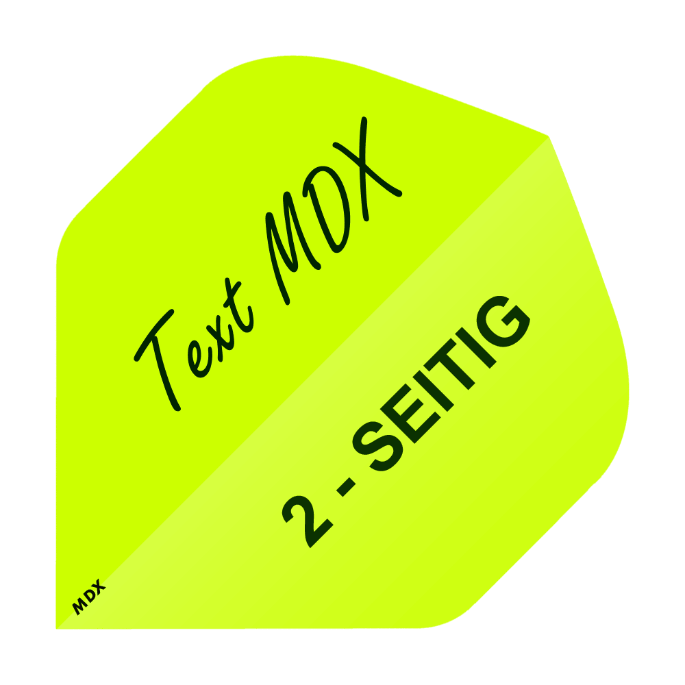 MD-405_2-Seitig_Bedruckte_Flights_Wunschtext_MDX_Gelb_Standard_1 Das Bild zeigt ein gelbes Quadrat mit den Aufschriften "Text MDX" und "2-SEITIG". In der unteren linken Ecke steht klein "MDX".