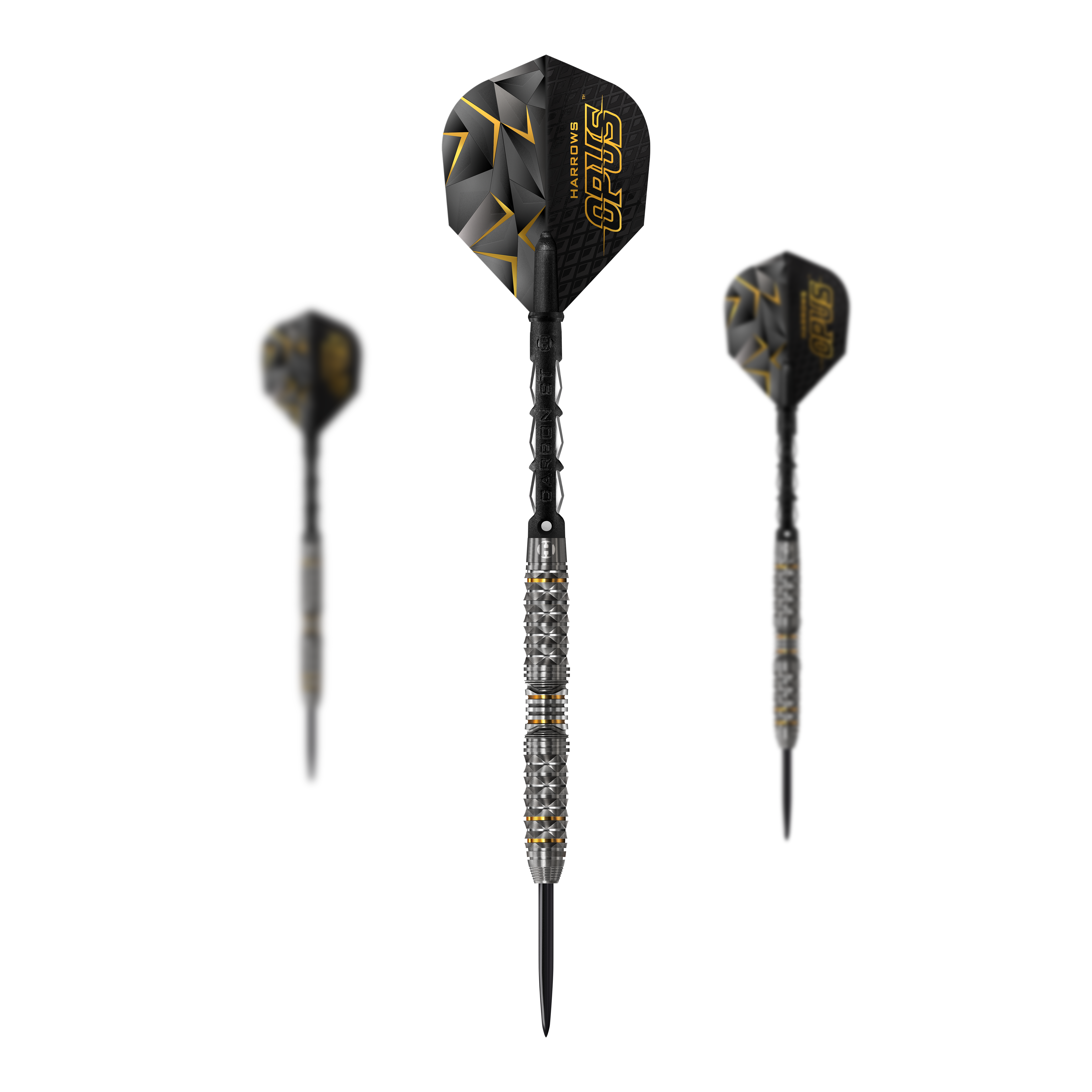 Freccette d'acciaio Harrows Opus Das Bild zeigt drei Steeldarts der Marke Harrows Opus. Die Darts haben ein schwarz-gelbes Design mit auffälligen Griffringen am Barrel.