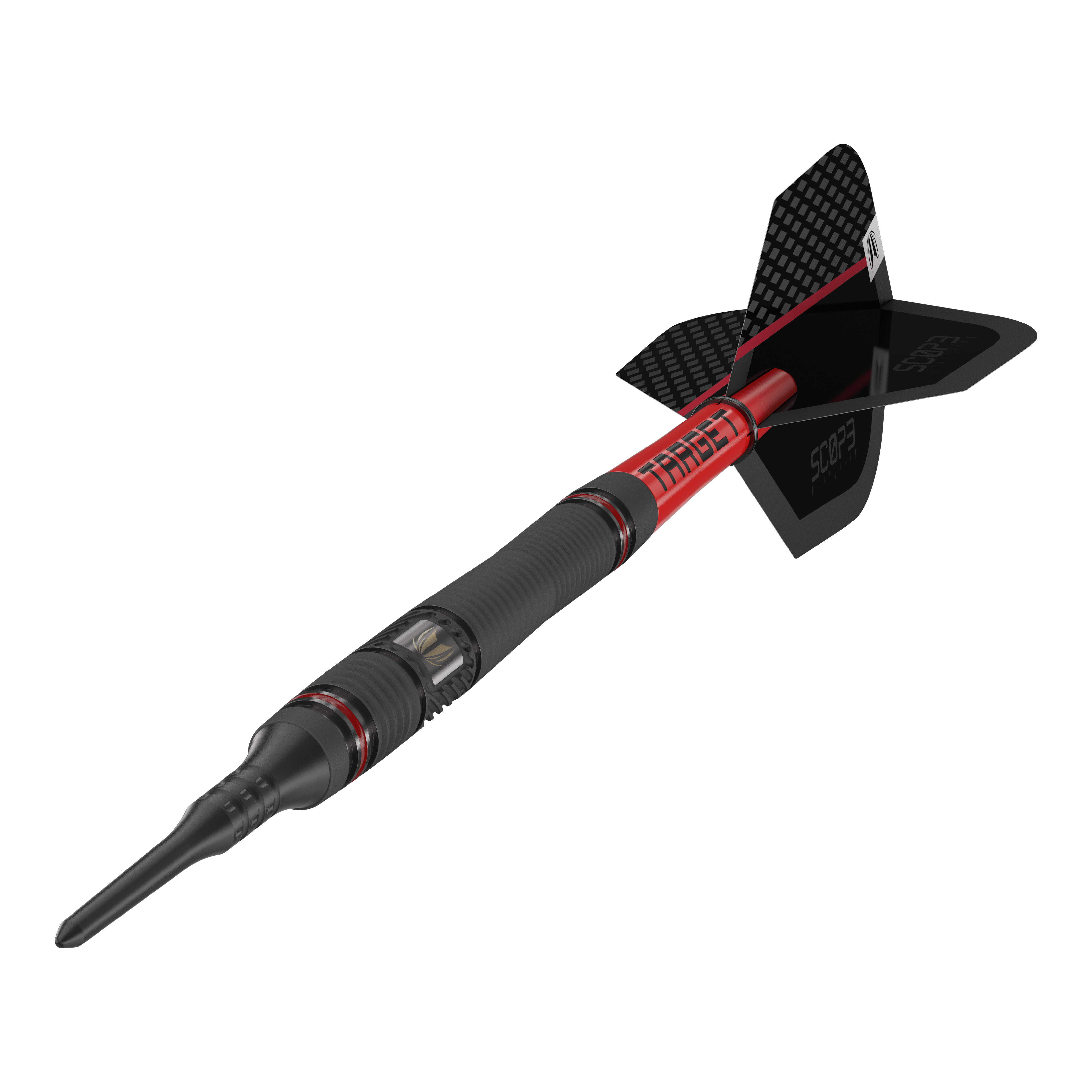 Target per mirino 11 freccette morbide Das Bild zeigt einen Target Scope 11 Softdart mit schwarzem und rotem Design. Der Dartpfeil hat eine schwarze Spitze und eine schwarze Flight-Fläche mit Schriftzug.