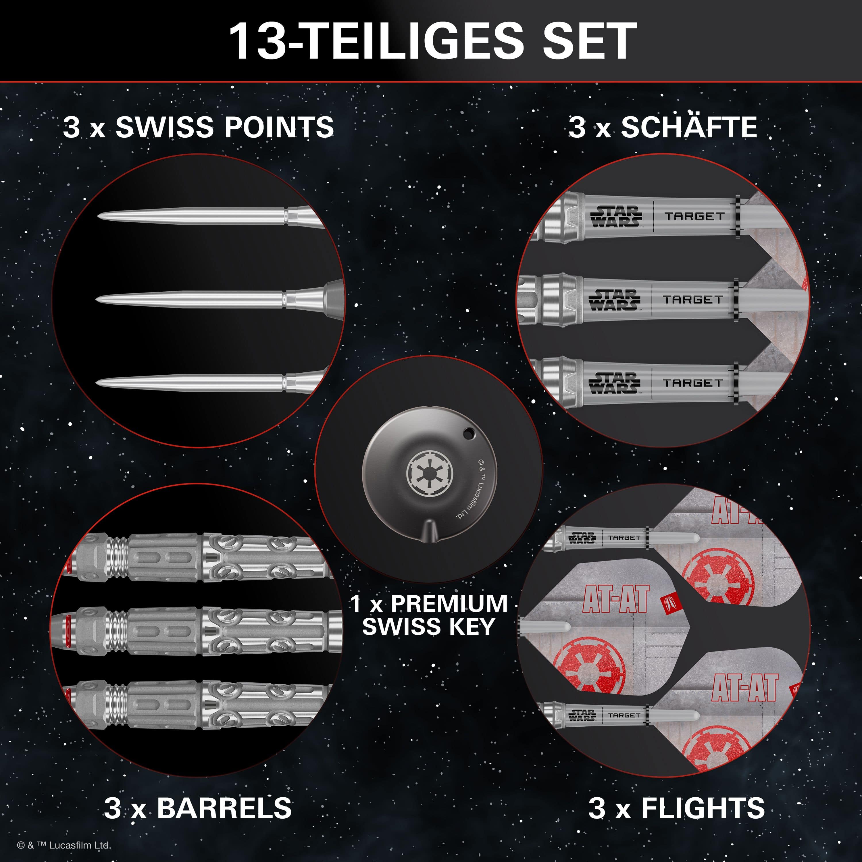 Dardi in acciaio Swiss Point a punta, bersaglio Star Wars AT-AT Auf dem Bild sieht man die Target Star Wars AT-AT Swiss Point Steeldarts. Sie sind von den bekannten AT-AT-Maschinen aus Star Wars inspiriert.