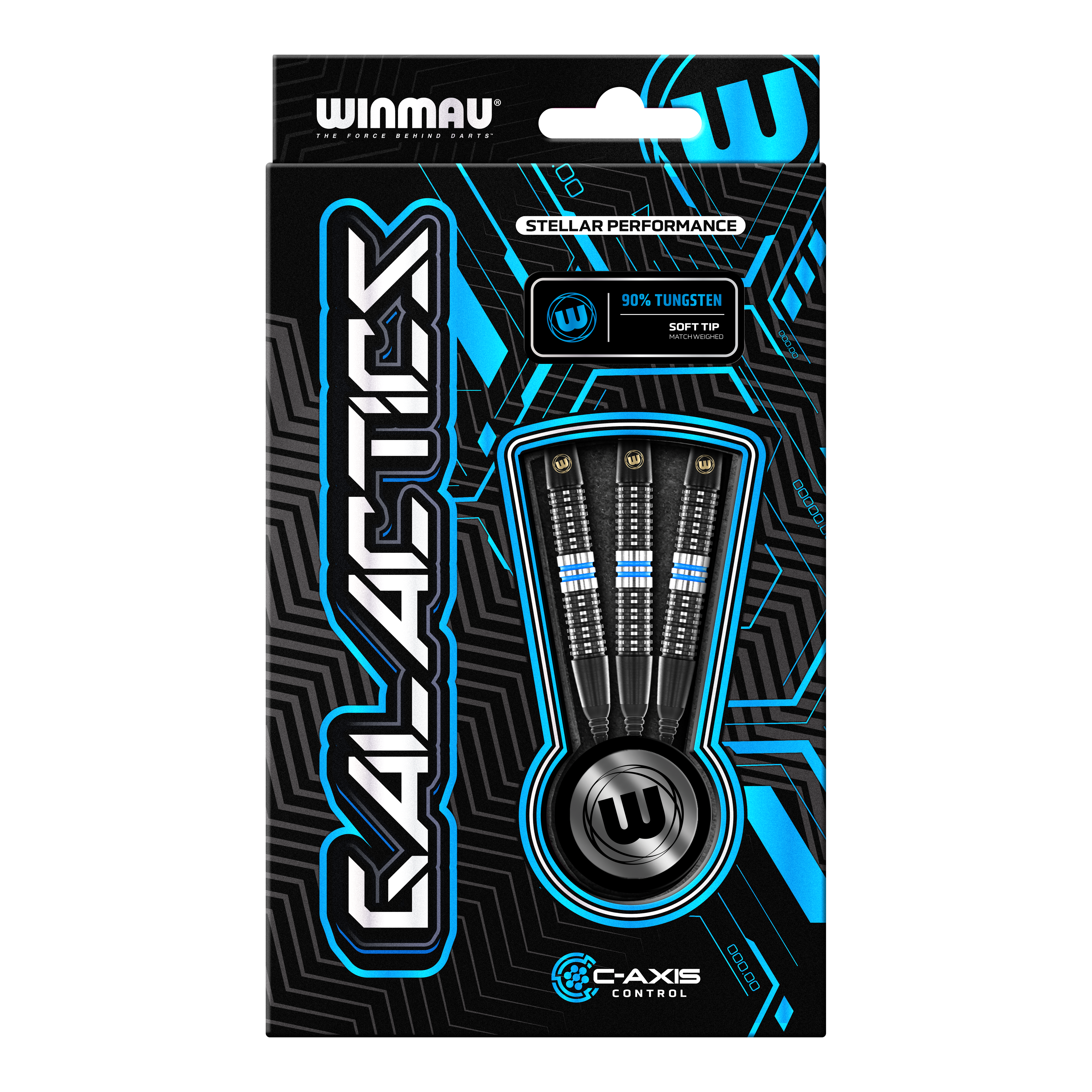 Freccette morbide Winmau Galactics - 20 g Die Abbildung zeigt eine Verpackung der "Winmau Galactics Softdarts - 20g". Das Design ist modern und hebt die wichtigsten Merkmale wie 90% Tungsten und Soft Tip hervor.