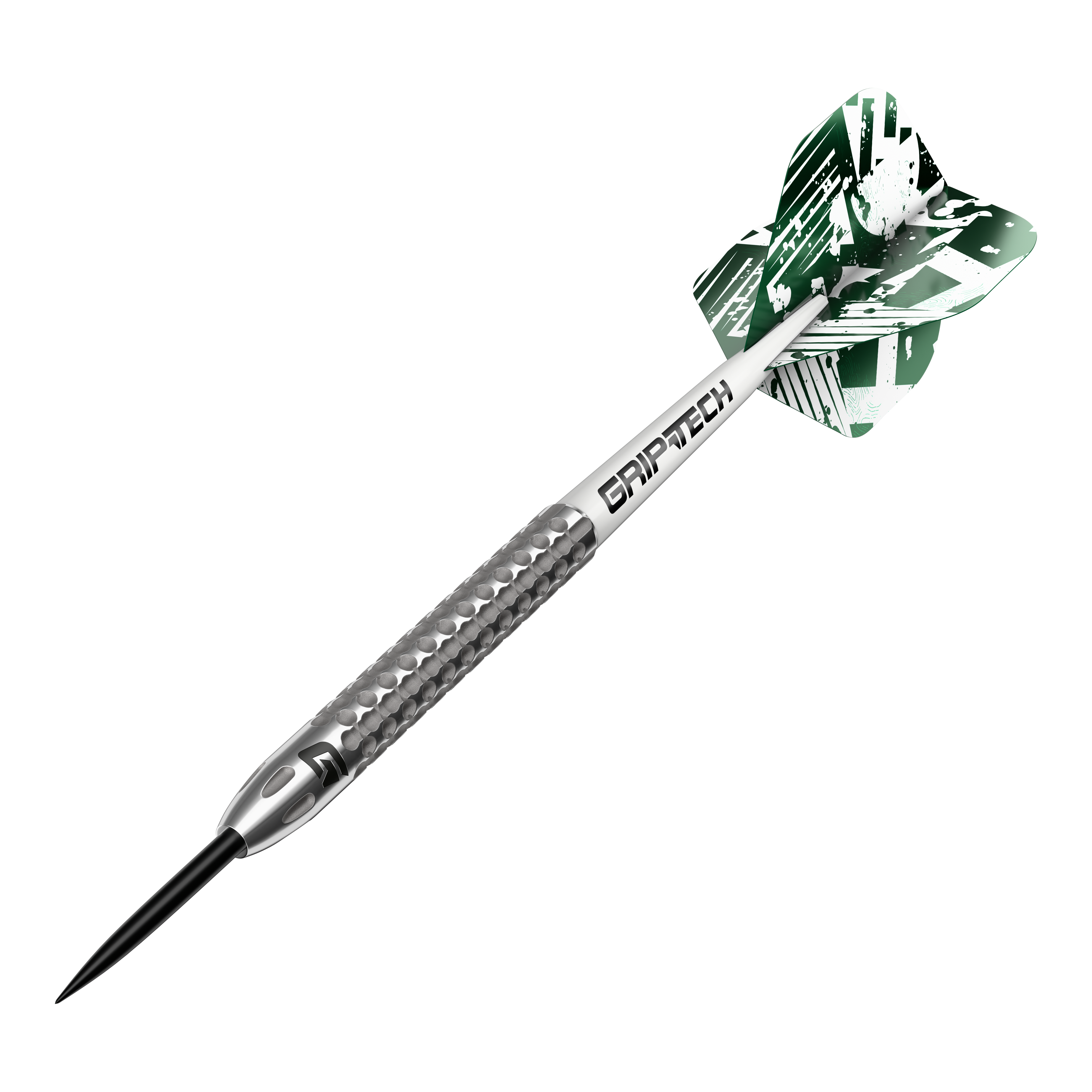 Freccette in acciaio al tungsteno GOAT Fairway V2 Das Bild zeigt einen GOAT Fairway V2 Tungsten Steeldart. Der Dartpfeil hat ein silbernes Griffstück mit strukturierter Oberfläche und grüne Flights mit weißem Muster.
