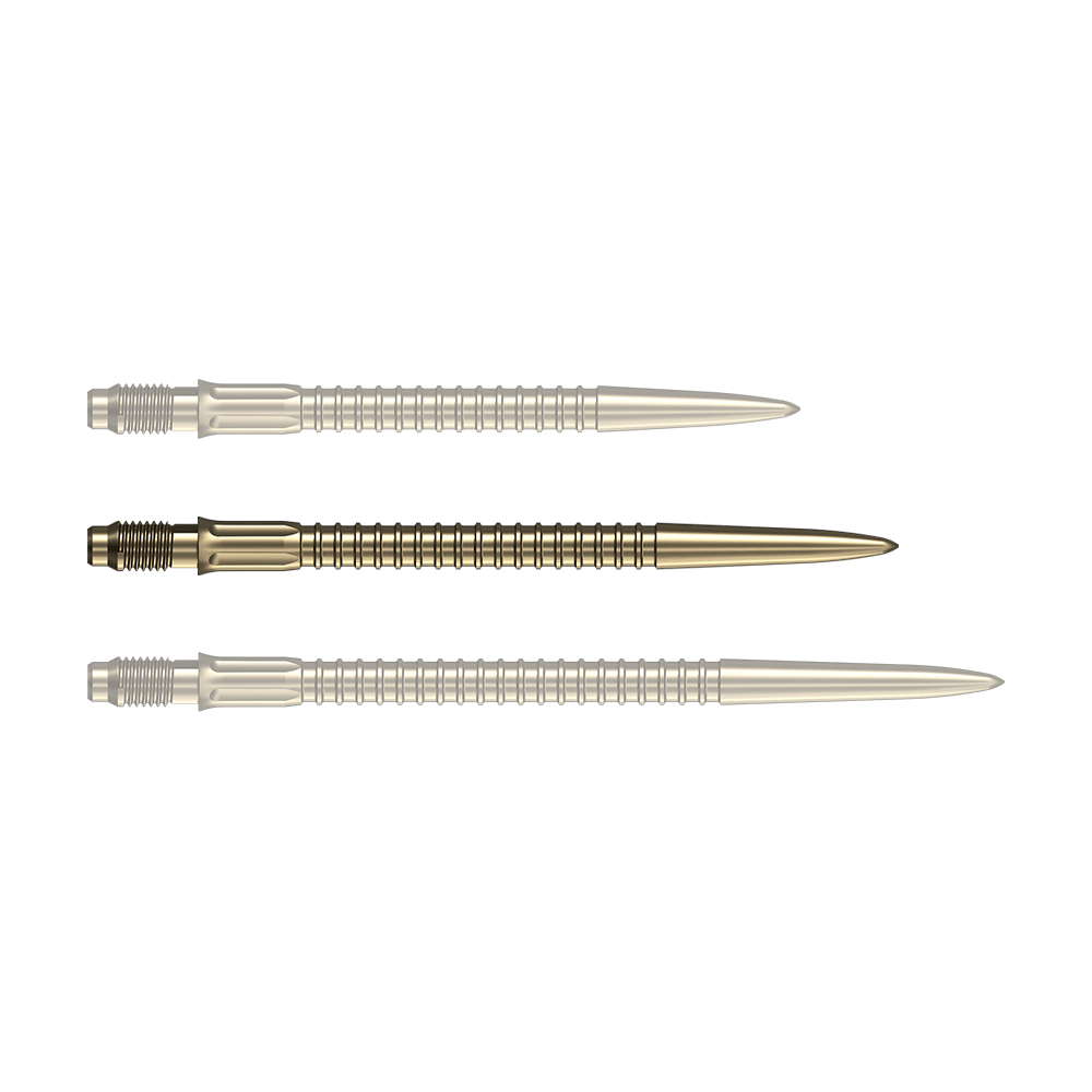Punte per freccette Mission R2.5 Rapid Point GV1 - Oro Eine goldene Dartspitze mit einer Länge von 35mm ist auf dem Foto zu erkennen. Ideal für Dartspieler zur Erneuerung der Pfeile.