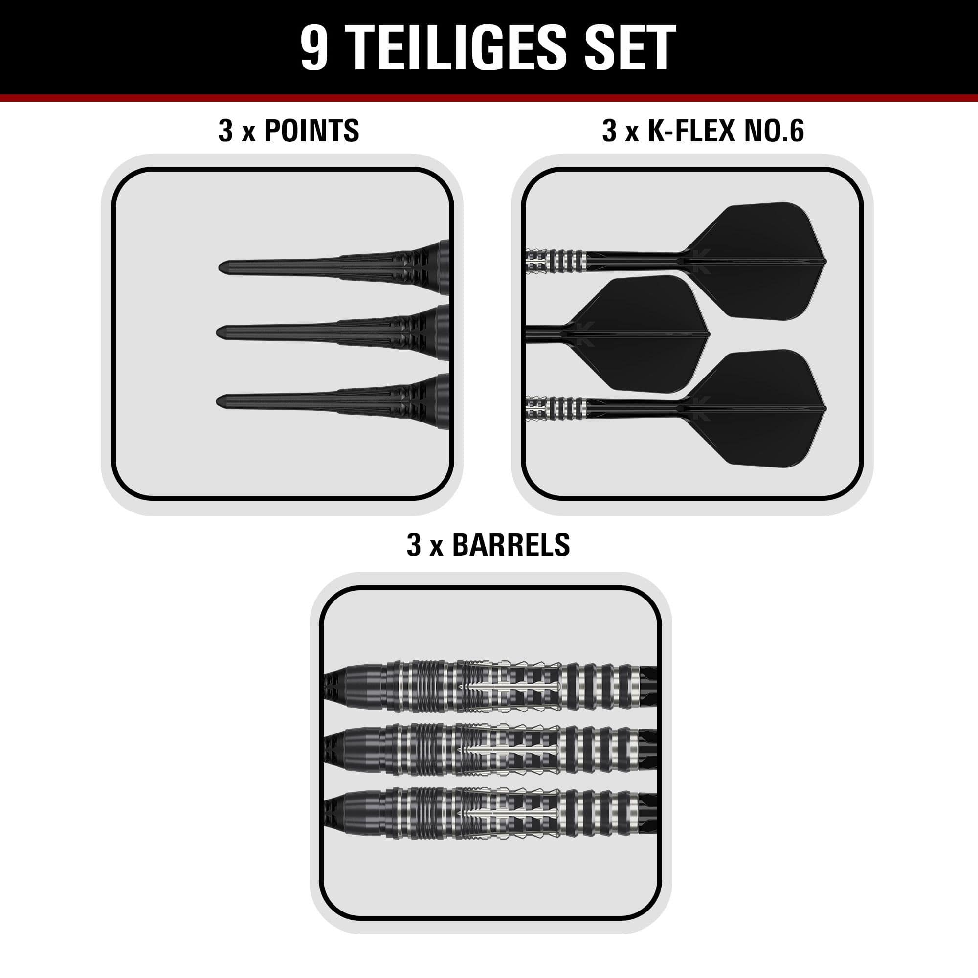 Freccette morbide Target Black Marque Blaze - 18 g Gezeigt werden die Target Black Marque Blaze Softdarts mit 18g Gewicht. Diese Softdarts sind für ambitionierte Spieler entworfen.