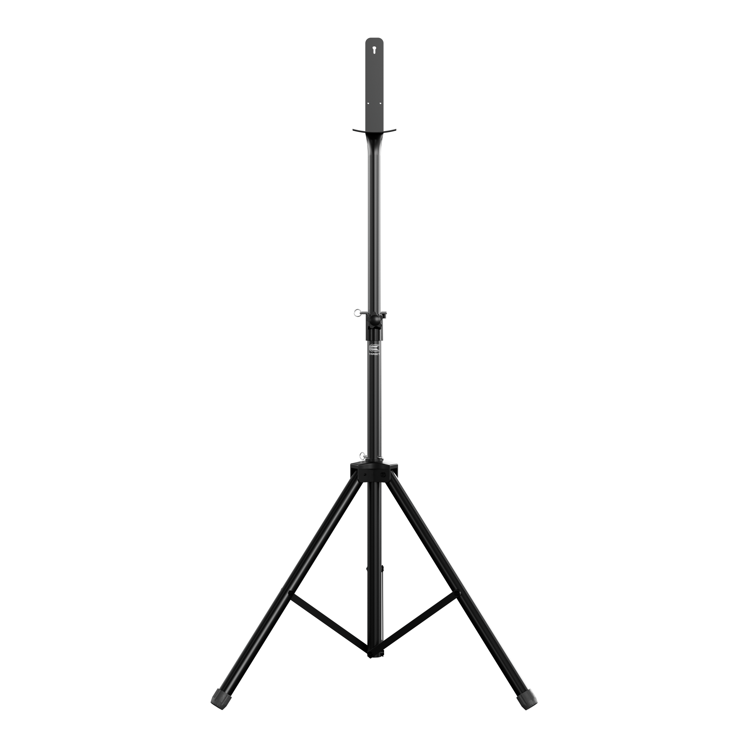 Das Bild zeigt einen Target Dartboard Stand mit einem stabilen, dreibeinigen Stativ. Der Ständer ist höhenverstellbar und eignet sich zum Aufhängen eines Dartboards.