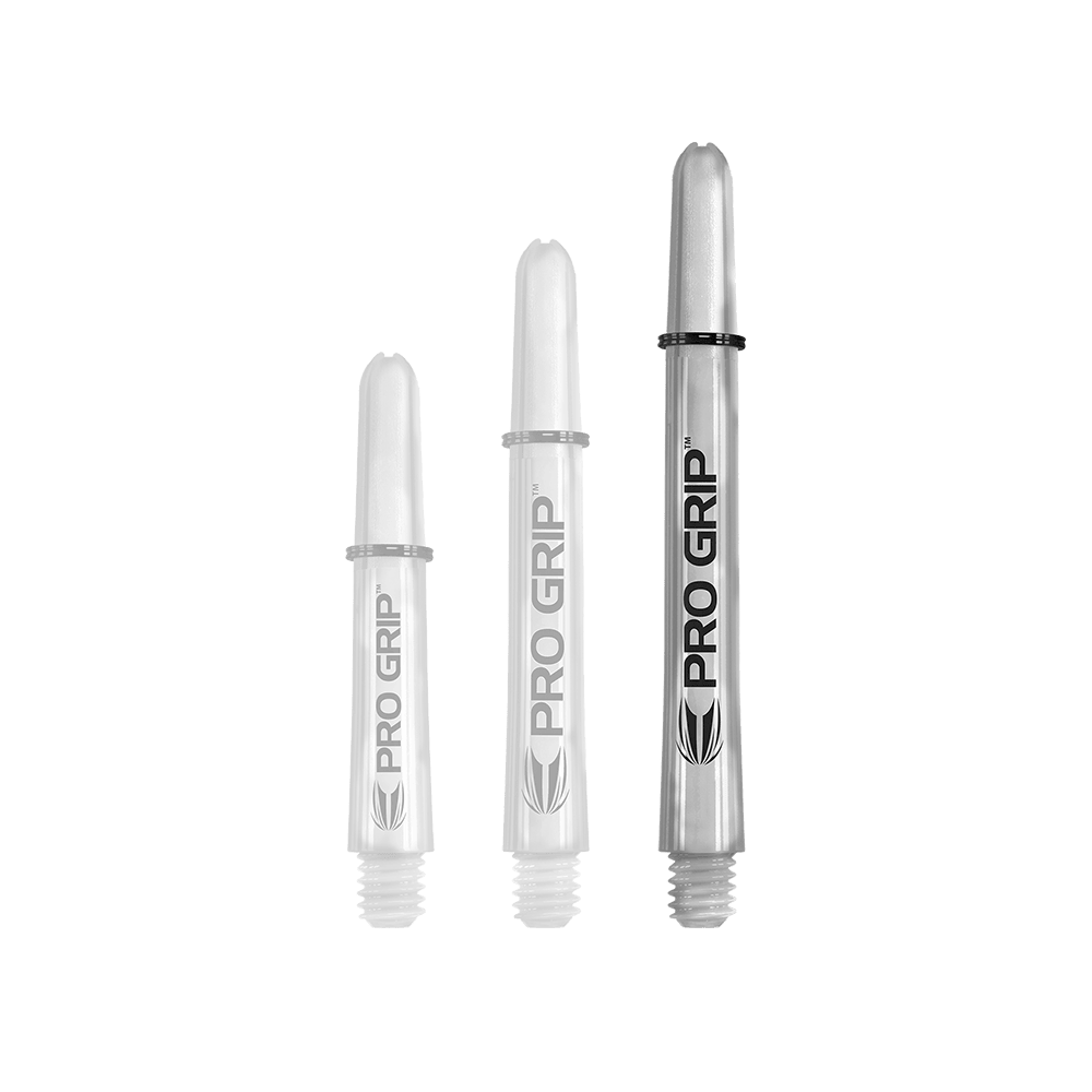 Target Pro Grip Shafts - 3 set - Trasparente Das Bild zeigt drei transparente Pro Grip Shafts in unterschiedlichen Längen. Sie sind mit der Aufschrift "PRO GRIP" und einem schwarzen Logo versehen.