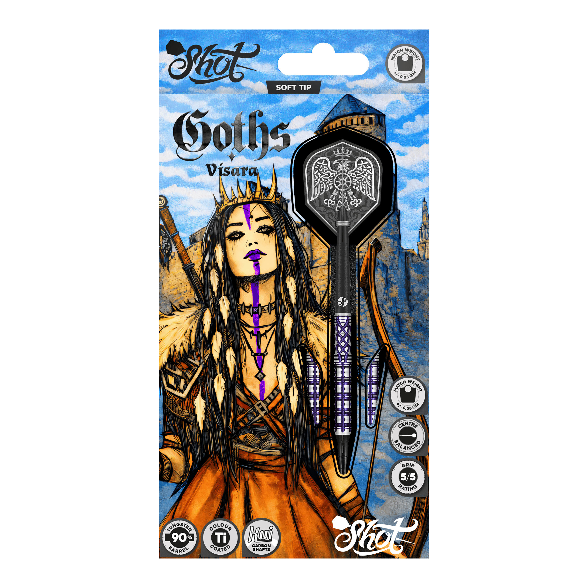 Freccette morbide Shot Goths Visara - 20 g Hier sieht man die Shot Goths Visara Softdarts - 20g. Diese hochwertigen Softdarts sind speziell für den Freizeitsport entworfen.