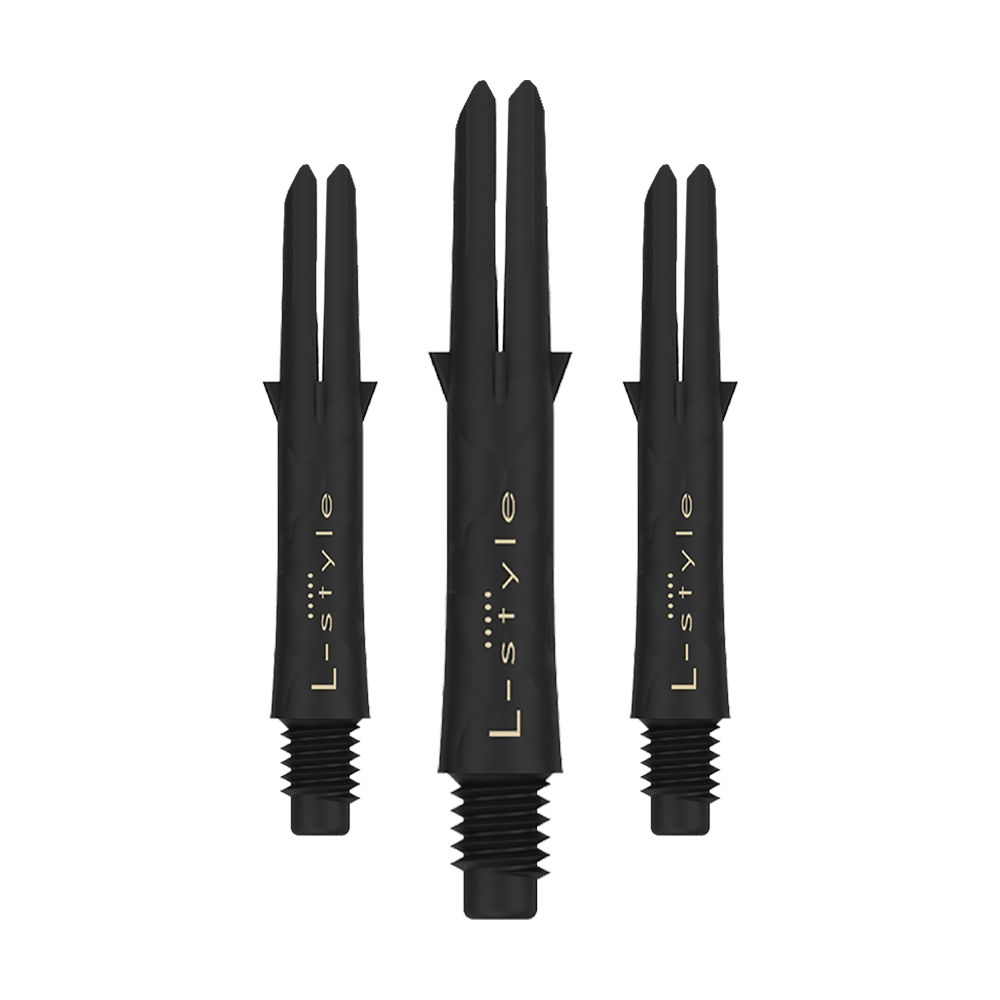 Alberi in carbonio stile L Das Bild zeigt drei schwarze Carbon Shafts für Dartpfeile der Marke L-Style. Die Shafts sind ohne Kappen und besitzen eine goldene Schrift.