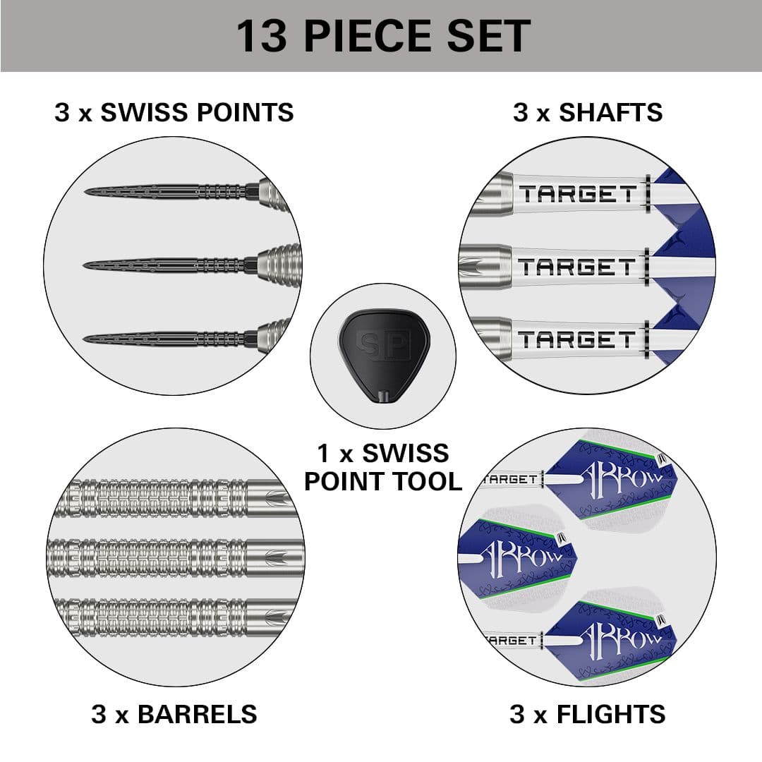 Freccette Target Shane McGuirk GEN1 Swiss Point Steel - 23 g Das Bild zeigt ein 13-teiliges Set des Produkts „Target Shane McGuirk GEN1 Swiss Point Steeldarts - 23g“. Enthalten sind 3 Swiss Points, 3 Shafts, 3 Barrels, 3 Flights und 1 Swiss Point Tool.