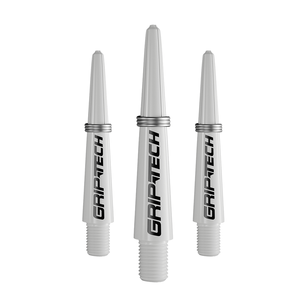Alberi GOAT Griptech - Bianco Das Bild zeigt drei silberne Dartschäfte mit der Aufschrift "GRIPTECH". Sie sind aus Kunststoff und haben ein Schraubgewinde am unteren Ende.