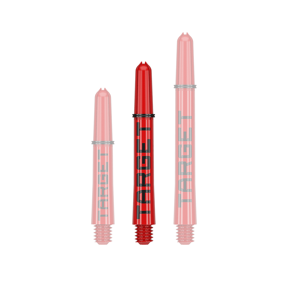 Aste Target Pro Grip TAG - 3 set - Rosso Das Bild zeigt drei rote Dartschäfte in verschiedenen Längen. Auf den Schäften steht in schwarzer Schrift das Wort "TARGET".