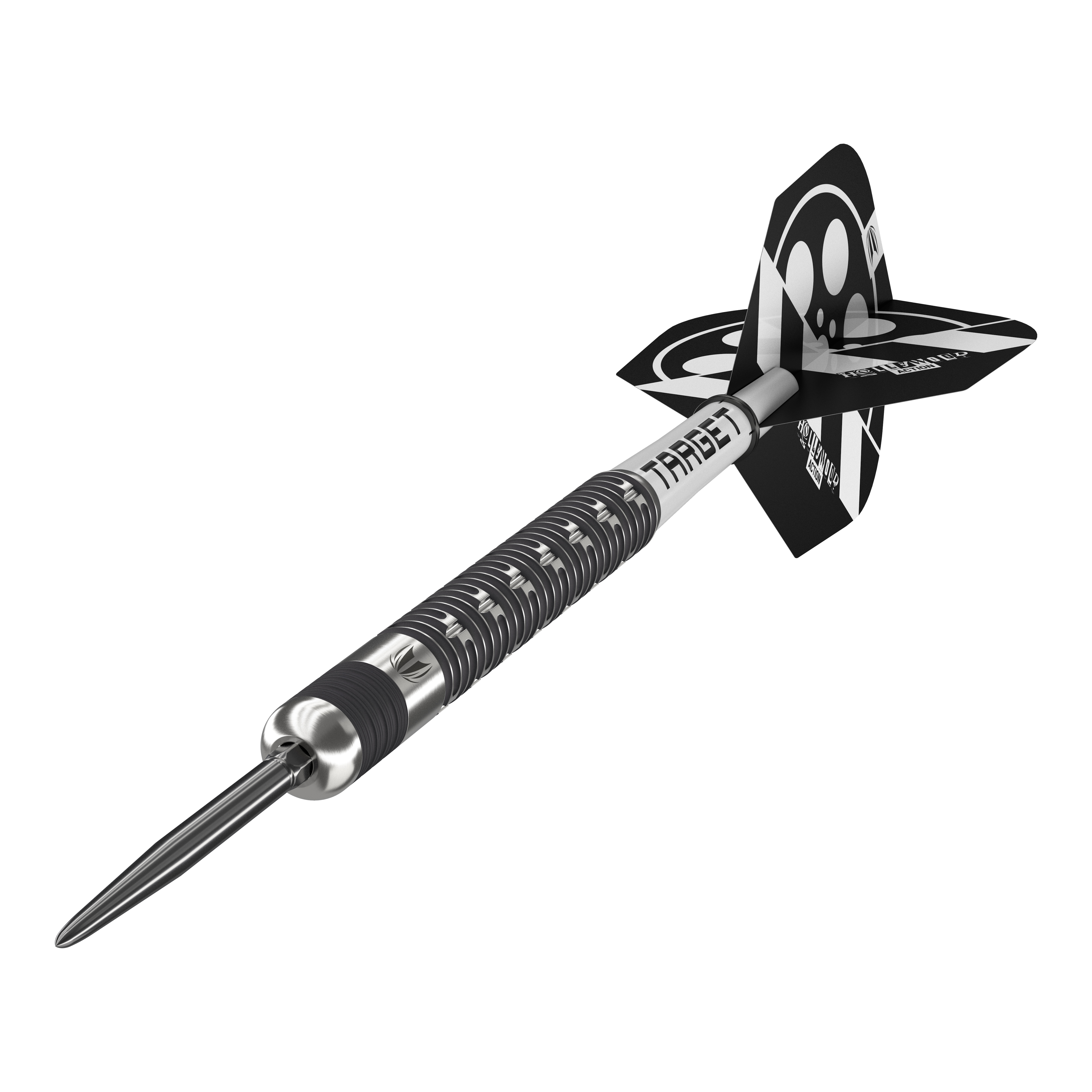 Freccette in acciaio Target Chris Dobey Hollywood Action Swiss Point Auf dem Bild ist der Target Chris Dobey Hollywood Action Swiss Point Steeldart zu sehen. Der Dartpfeil hat ein modernes, schwarzes und silbernes Design mit auffälligen Flights.