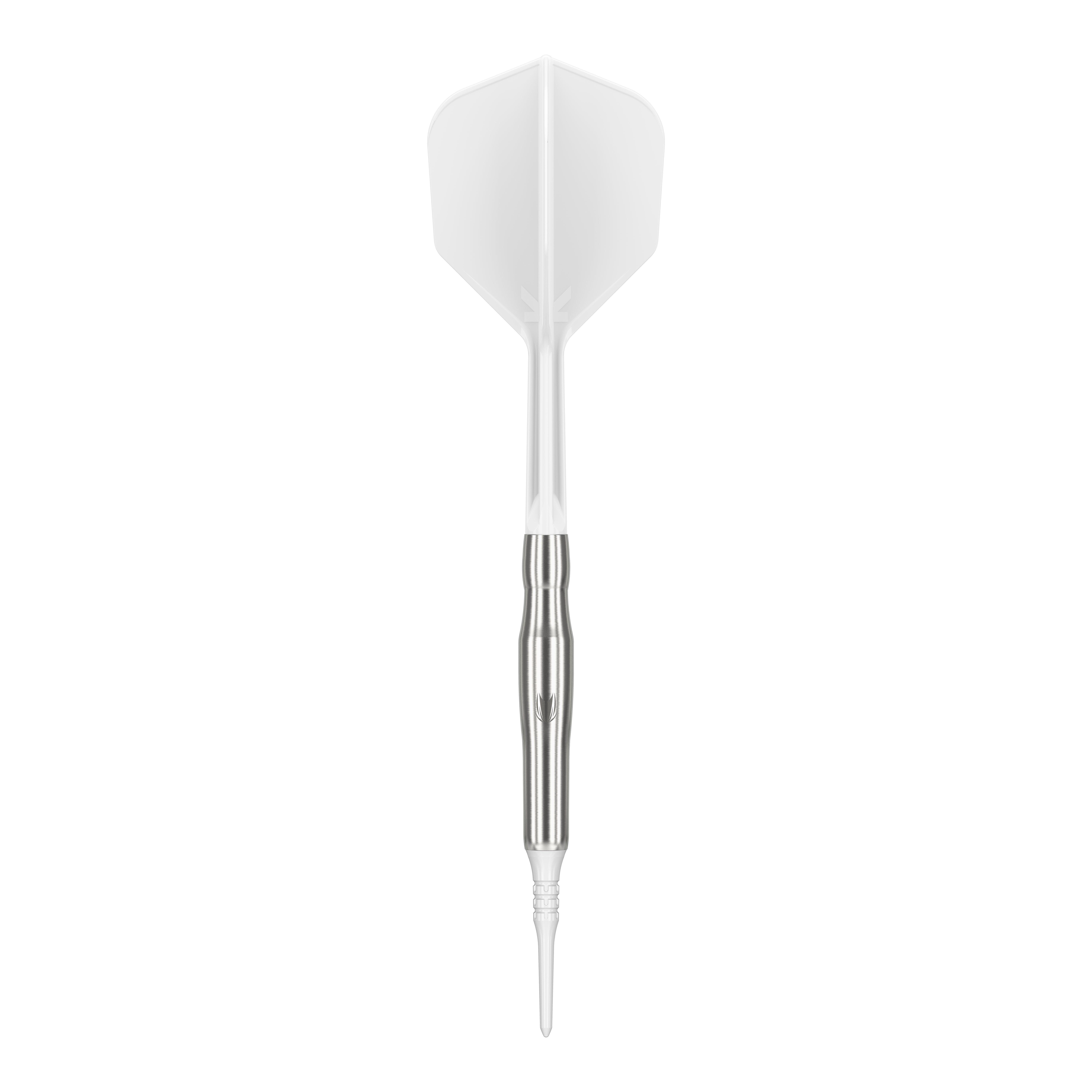 Freccette morbide Target Japan Crux Brave - 18,5 g Das Bild zeigt einen weißen Softdart mit silbernem Schaft. Es handelt sich um das Produkt "Target Japan Crux Brave Softdarts - 18,5g".