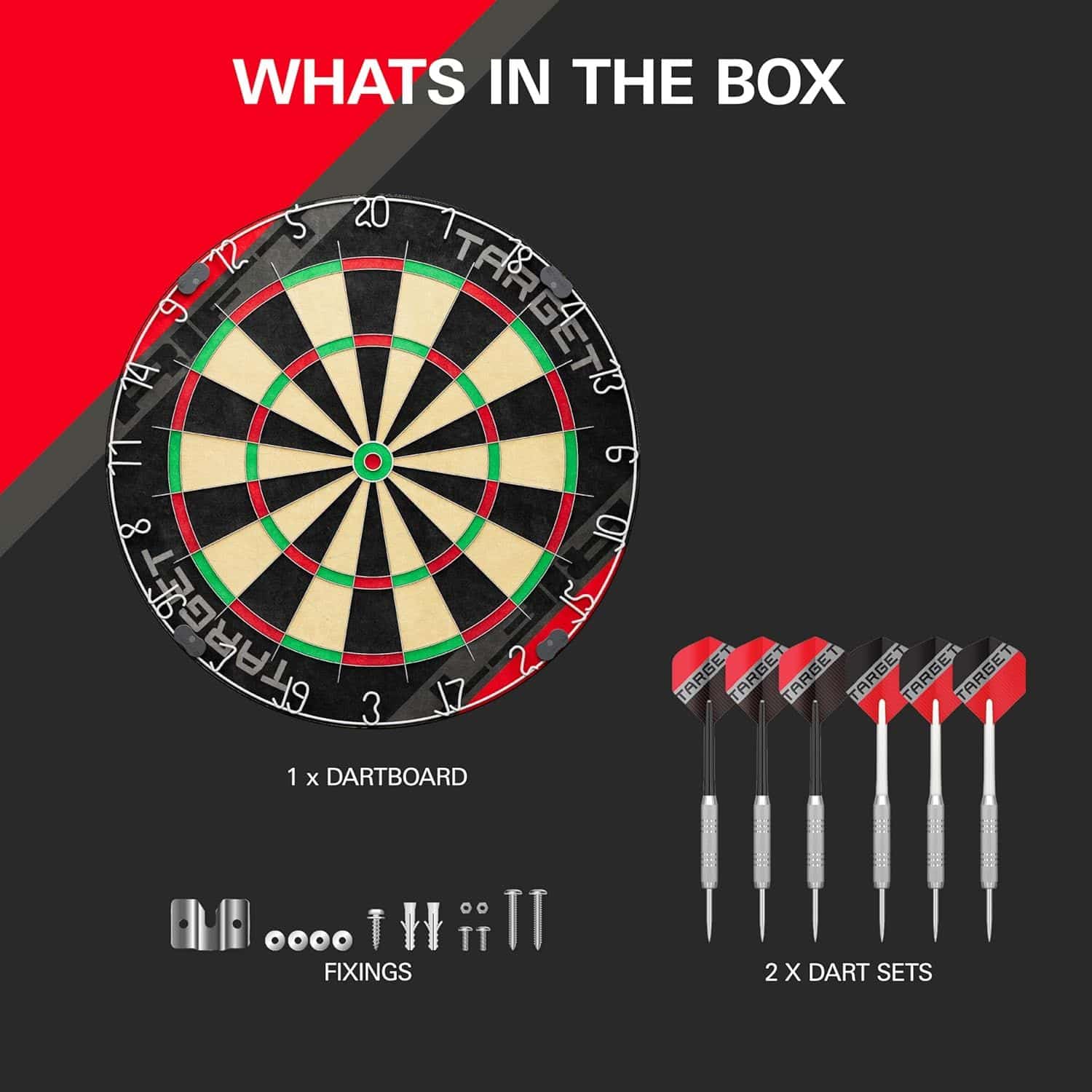 Set di bersagli per freccette in acciaio Target Rift Das Foto zeigt das Target Rift Steeldartboard Set. Es ist ein komplettes Dartset mit Steeldartboard.