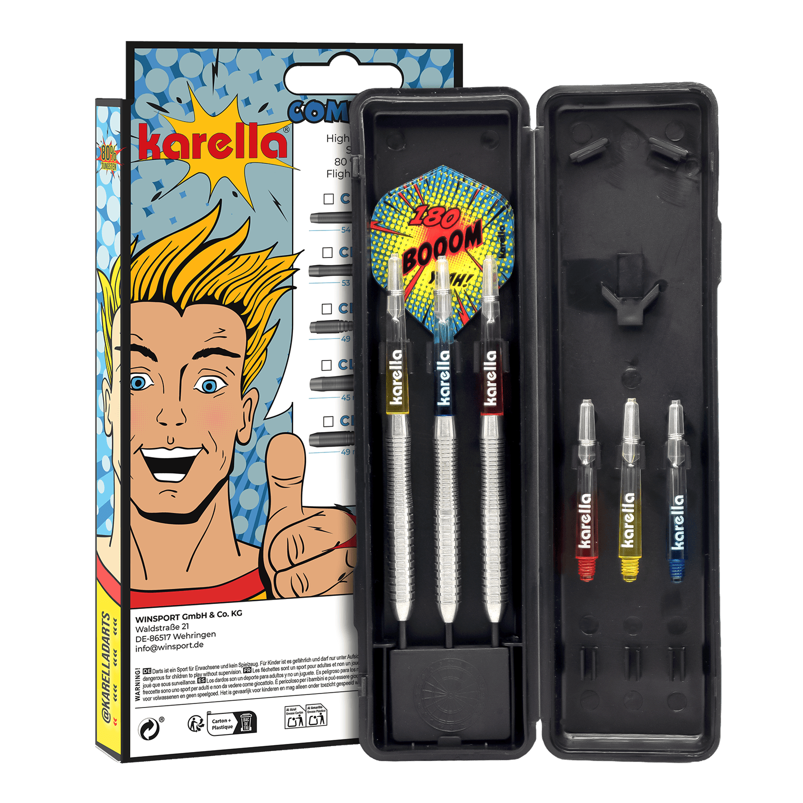 Freccette in acciaio Karella Comic Line CL-2 - 23 g Hier sind die Karella Comic Line CL-2 Steeldarts mit einem Gewicht von 23g abgebildet. Die Darts sind speziell für den Einsatz im Wettkampf gedacht.