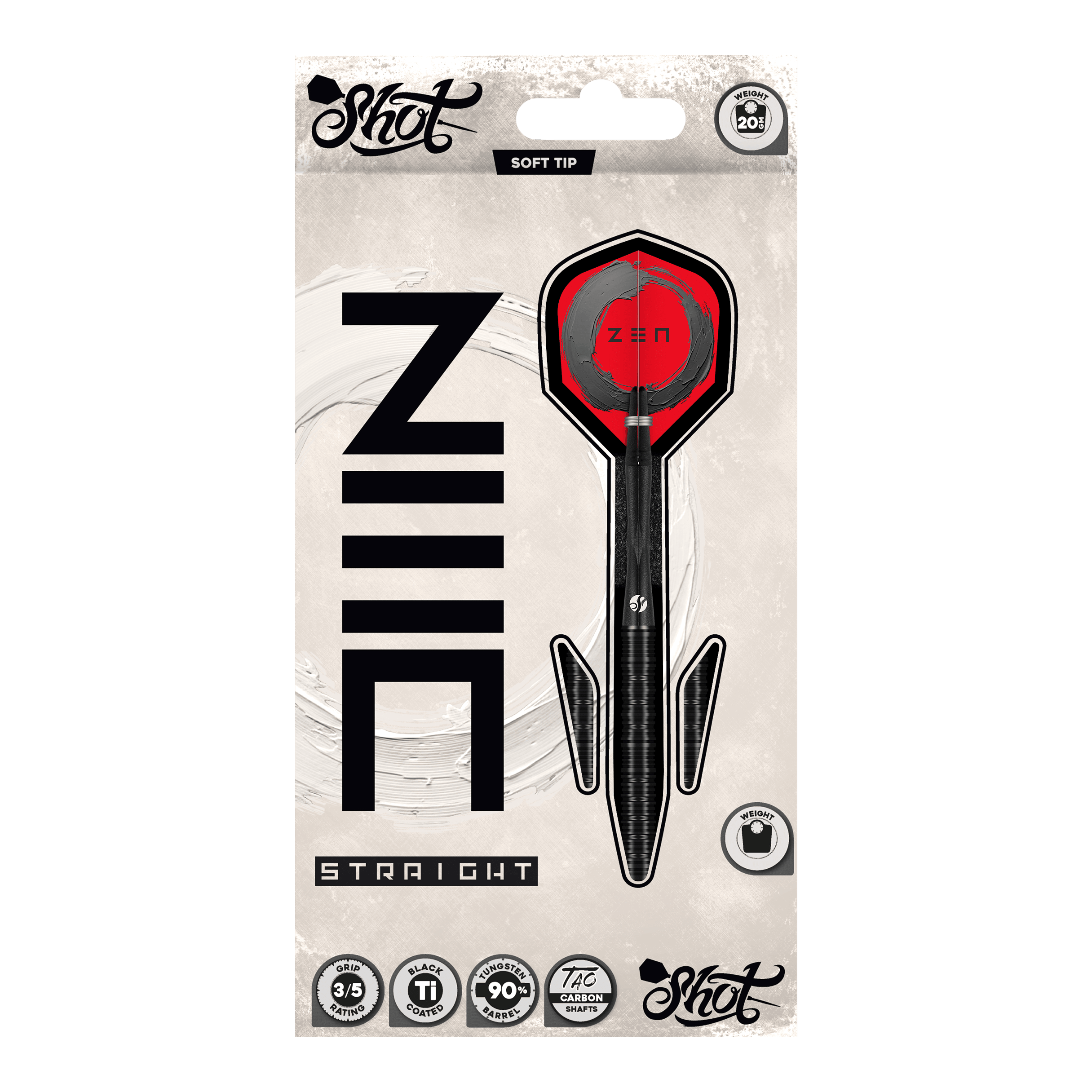 Freccette morbide Shot ZEN Straight - 20 g Abgebildet sind die Shot ZEN Straight Softdarts - 20g. Diese Darts zeichnen sich durch ihre gerade Form aus.