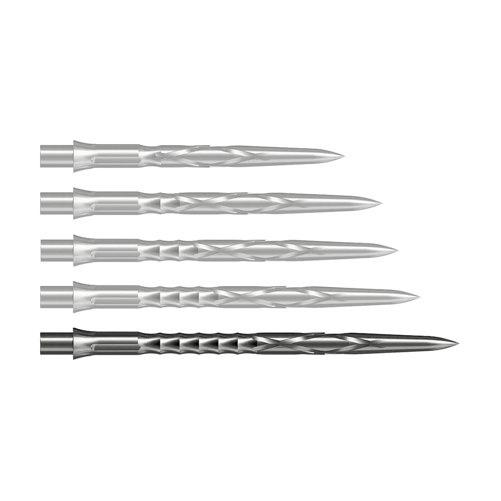 Zu sehen ist eine silberne Caliburn Evo System Steeldartspitze, 40mm lang. Dieses Produkt ist robust und für Dartspiele gedacht.