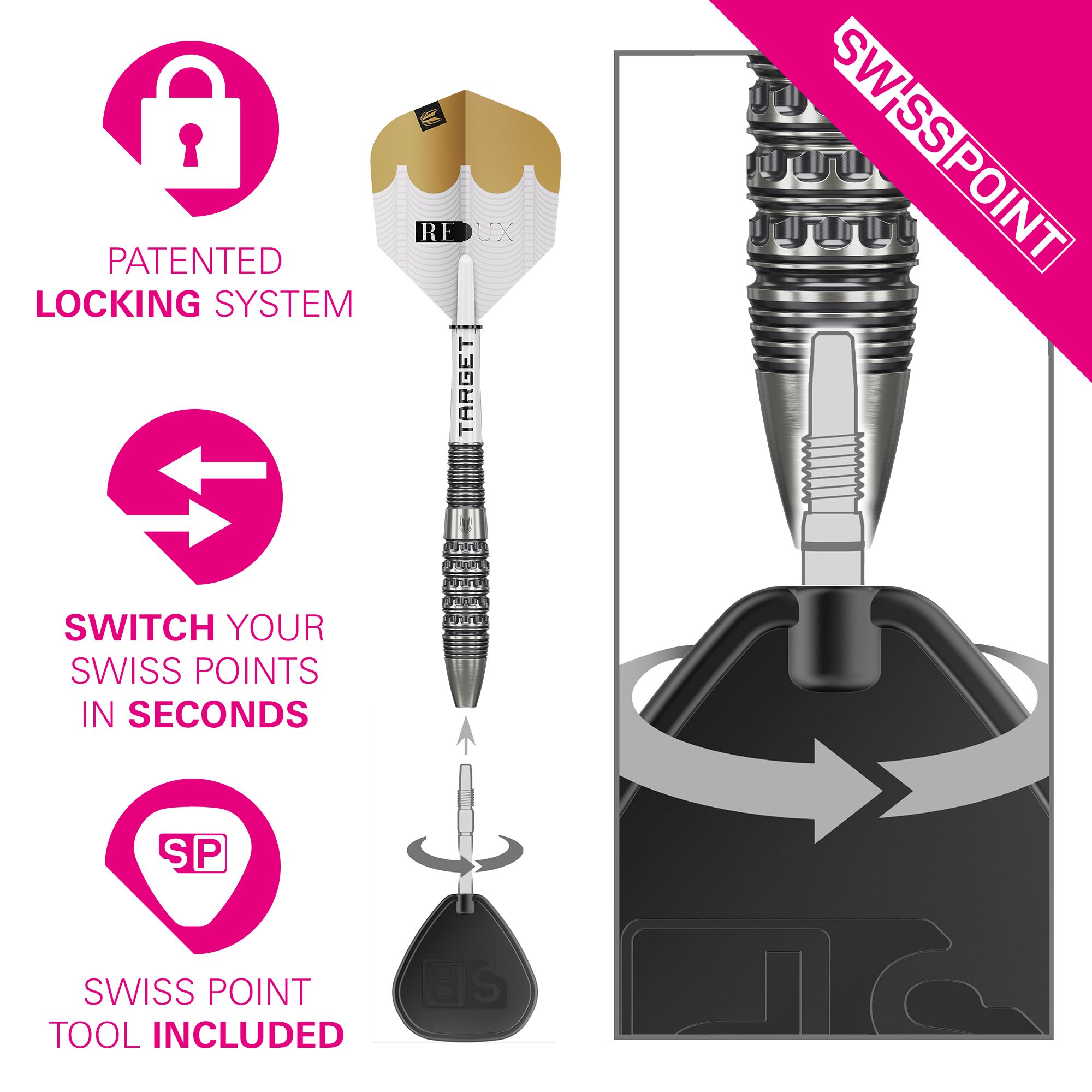 Freccette in acciaio Target Redux 02 Swiss Point Die Abbildung zeigt die Target Redux 02 Swiss Point Steeldarts. Es handelt sich um hochwertige Steeldarts für präzise Würfe.