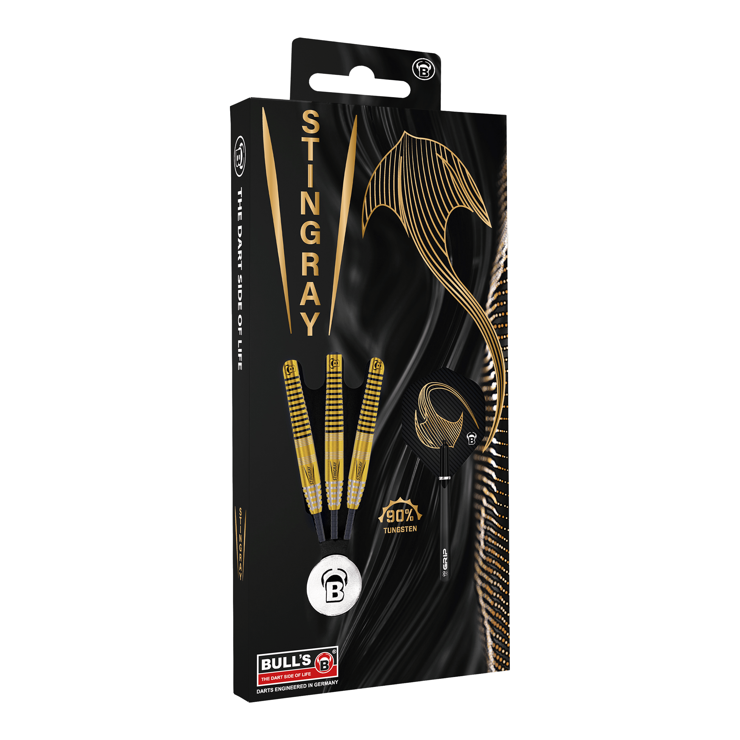Freccette in acciaio Bulls Stingray ST3 Die Verpackung zeigt die Bulls Stingray ST3 Steeldarts mit einem stilvollen schwarzen und goldenen Design. Auf der Packung ist auch ein goldener Stachelrochen sowie der Hinweis "90% Tungsten" abgebildet.