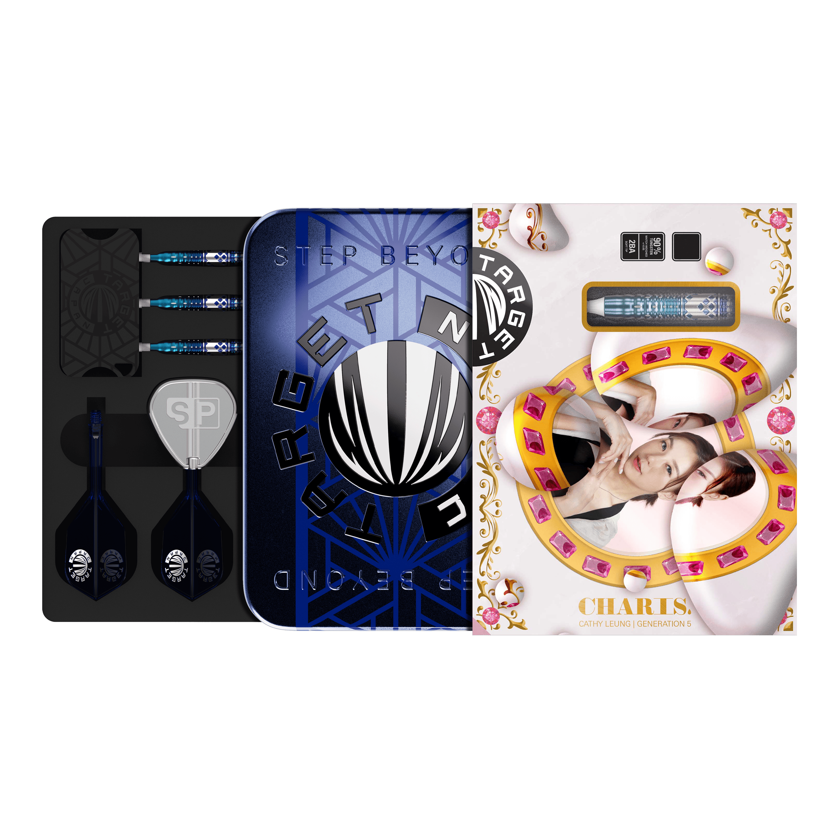 Target Japan Cathy Leung Charis GEN5 Freccette morbide - 19 g Das Bild zeigt das Produkt "Target Japan Cathy Leung Charis GEN5 Softdarts - 19g" in einer dekorativen Verpackung. Im Inneren sind die Darts, Flights und weiteres Zubehör ordentlich angeordnet.