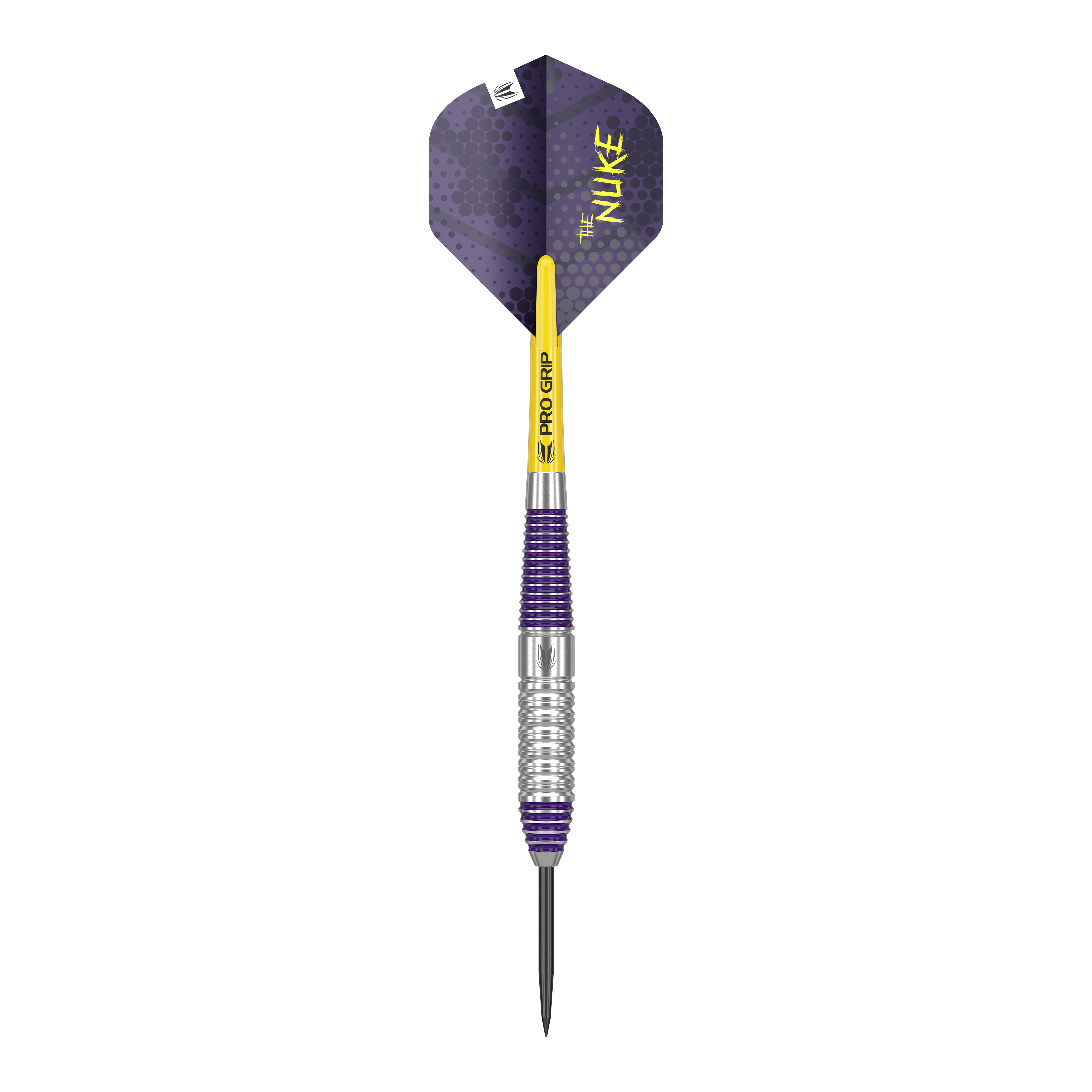 Freccette Target Luke Littler in ottone e acciaio - 22 g Das Bild zeigt einen Target Luke Littler Brass Steeldart mit einem Gewicht von 22g. Der Dart hat violette und silberne Elemente sowie einen gelben Schaft mit der Aufschrift „PRO GRIP“.